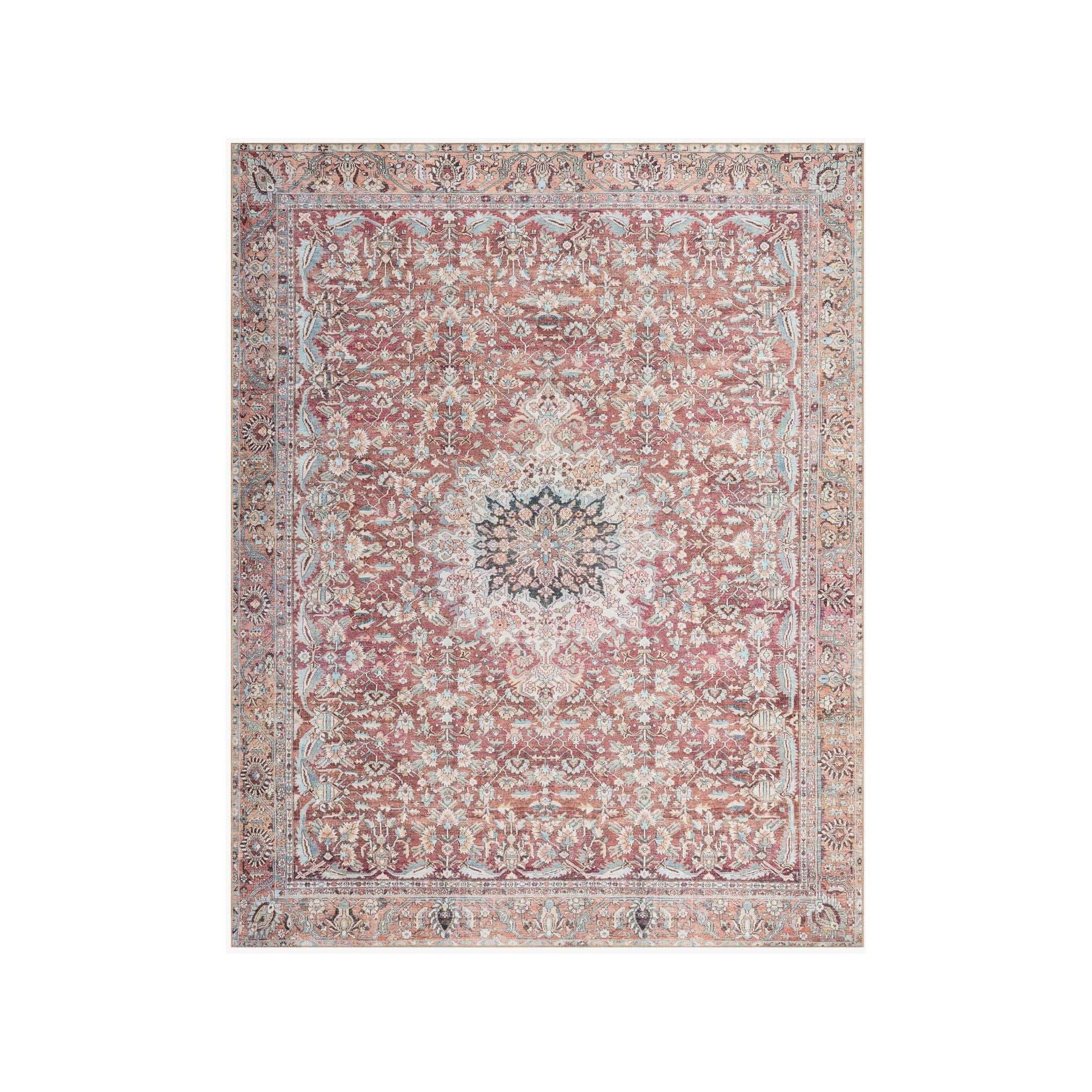 The Wynter Tomato / Teal area rug showcases a one-of-a-kind vintage or antique area rug look power-loomed of 100% polyester. This rug brings in tones of red, orange, blue, and ivory. The rug is ideal for high traffic areas due to the rug's durability for living rooms, dining rooms, kitchens, hallways, and entryways.