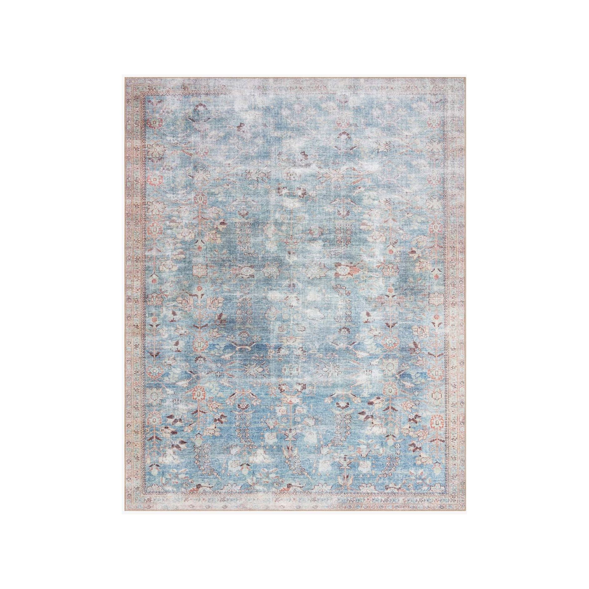 The Wynter Teal / Multi area rug showcases a one-of-a-kind vintage or antique area rug look power-loomed of 100% polyester. This rug brings in tones of blue, ivory, and pink. The rug is ideal for high traffic areas due to the rug's durability for living rooms, dining rooms, kitchens, hallways, and entryways.