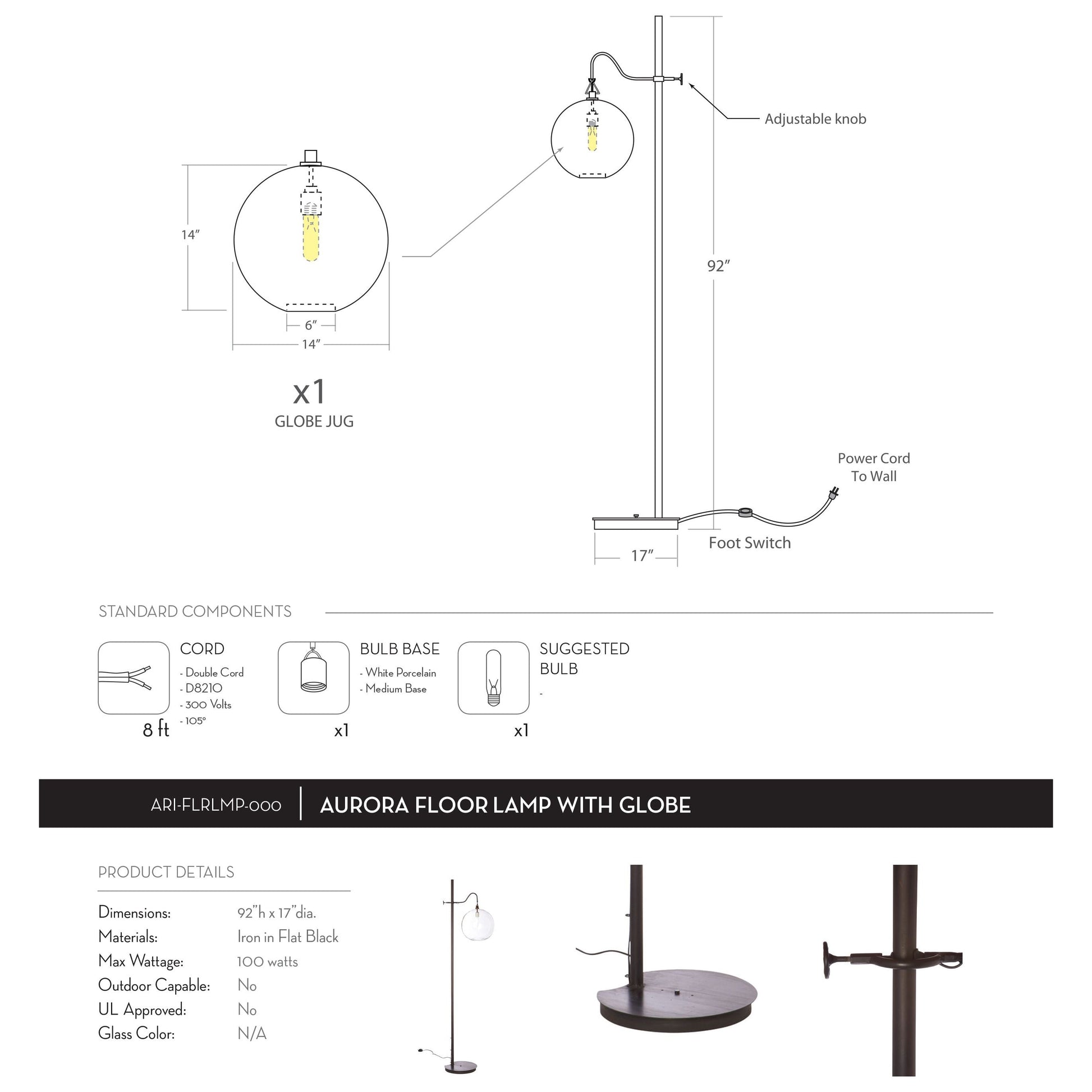 The Aurora Lamp from Cisco Brothers adds a chic light to any room. Each lamp is hand blown glass and can vary up to 1" in size. The light fixture can be height adjusted upon the metal rod to fit right where you need it. The lamp can come in a globe, bailey medium lamp, or bailey small lamp.