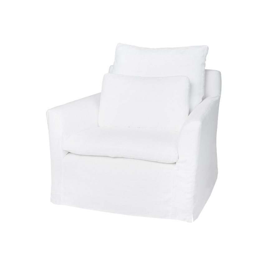 Our slipcovered Donato Slipcovered Chair from Cisco Brothers is one of our dreamiest seats! This photographed version of the chair was made in a beautifully made white denim of 100% cotton. This chair is equal parts casual and chic. A triple washed down feather cushion feels like a cloud with upholstered support beneath!  Overall Size: 36"w x 37"d x 31"h Seat Space: 25"w x 18"d x 16"h Arm Height: 24"h