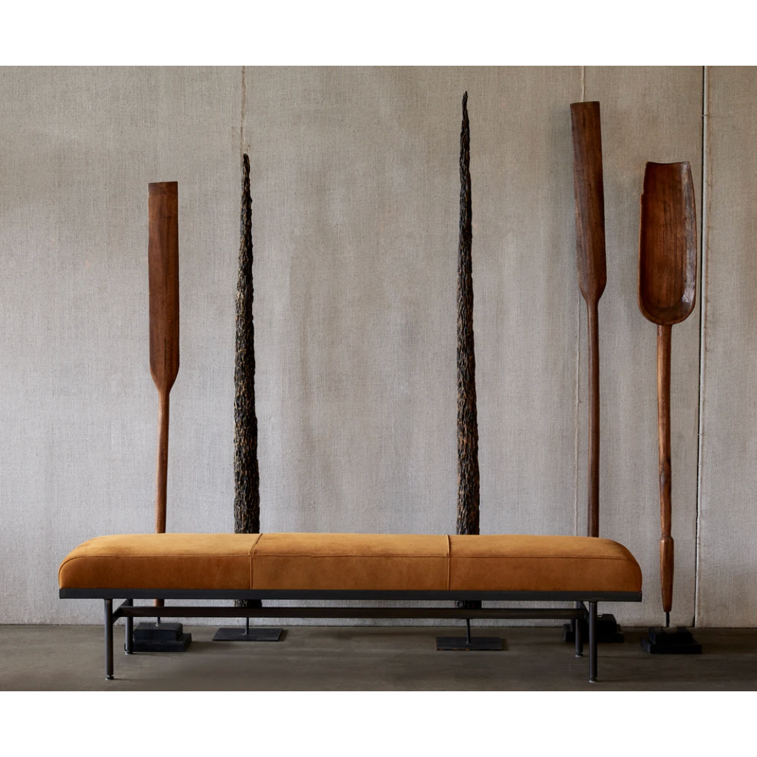 The Lincoln Upholstered Bench by Cisco Brothers is an Amethyst favorite, crafted to perfection with a metal base and your choice of fabric. Photographed in Brevard Burlap. Lifestyle in Wayne Cider. 