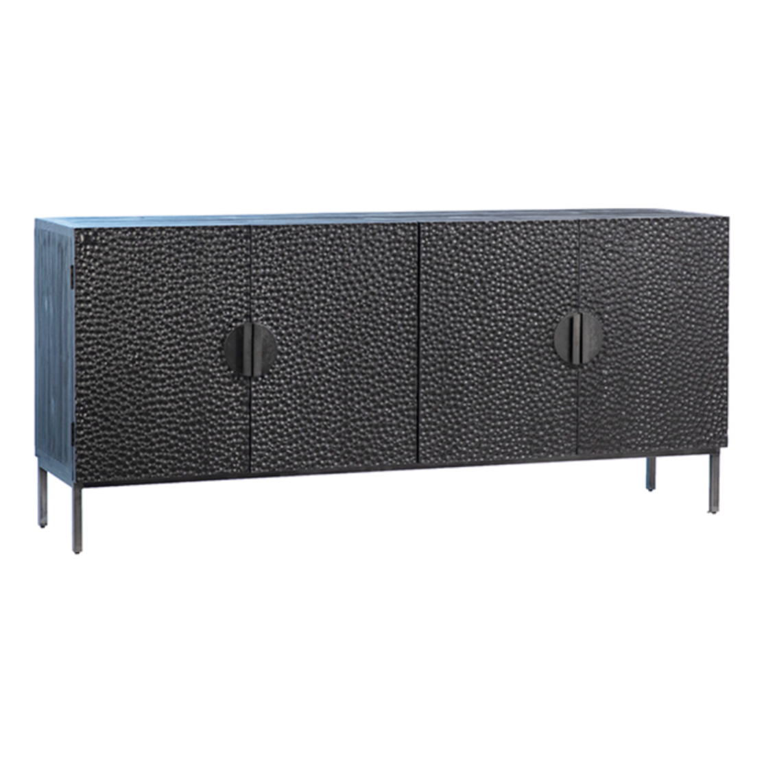 This Athens Sideboard has a textured surface that brings a unique look to any room. The doors open to two spacious shelves, perfect for storing your extra linens, china, or other things around the house.  Reclaimed Pine on Iron Frame Black Stained and Sealed Wood and Antique Iron Size: 79"l x 20"d x 35"h 