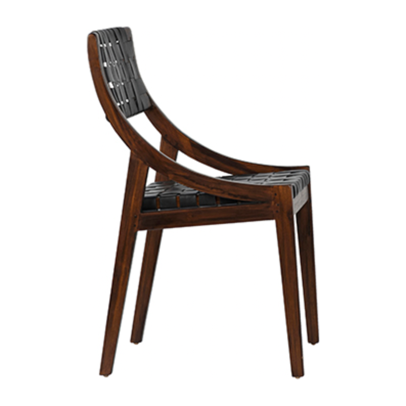 The details are simply amazing on this Camila Dining Chair. Add extra seating with a side chair that's as much a masterpiece of design as it is comfortable.   Teak Frame with Full Grain Leather Weaving Frame in Medium Brown and Black Leather Size: 21"l x 17"d x 33"h