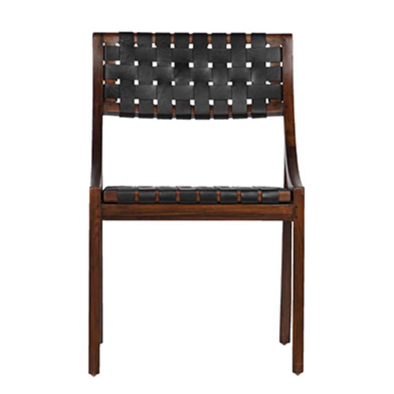 The details are simply amazing on this Camila Dining Chair. Add extra seating with a side chair that's as much a masterpiece of design as it is comfortable.   Teak Frame with Full Grain Leather Weaving Frame in Medium Brown and Black Leather Size: 21"l x 17"d x 33"h