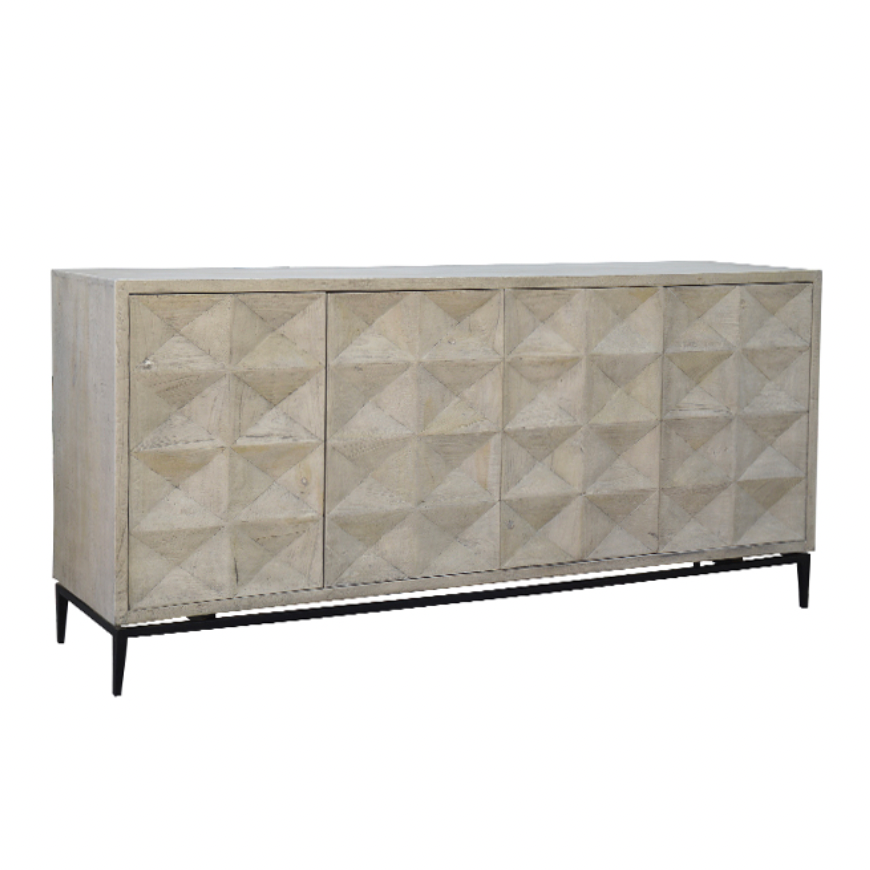 We love the form pattern on this Philip Sideboard. With four doors opening to two shelves, this can store all your extra dishware, linens, and other home goods that need an attractive storage space. 