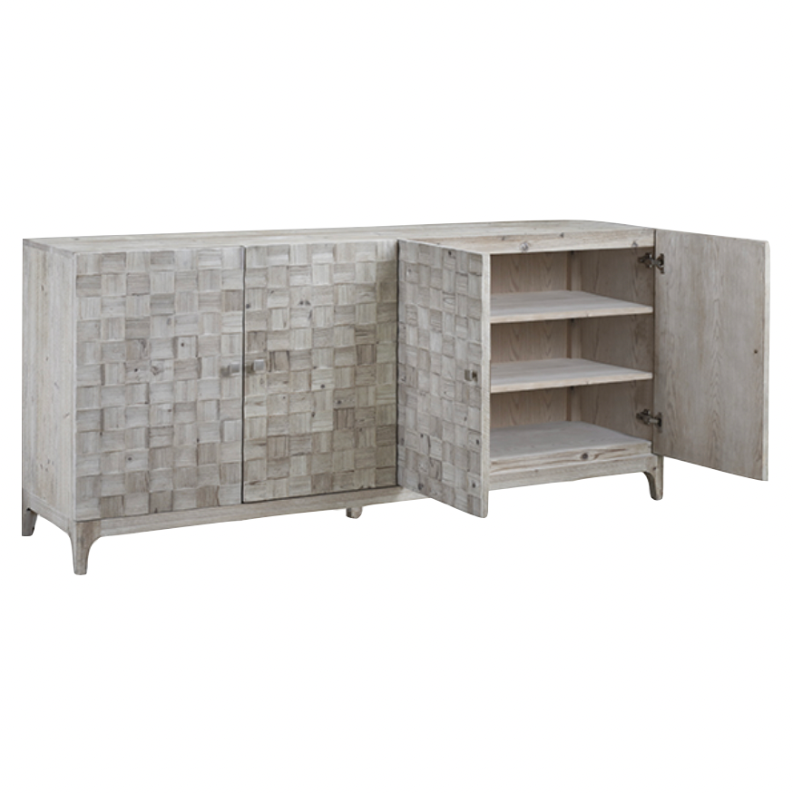 We love the weave pattern found on the doors of this Rowell 4 Door Sideboard. The doors open to three shelves -- the ultimate storage for all your extra dishes and heirlooms. 