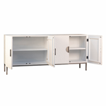 The textured doors of this Sandwell Sideboard are everything. We love that the antique silver iron handles open to shelves for ultimate storage and functionality.  Reclaimed Pine White With Sand Blasted Iron  Antique Silver Iron