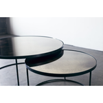 Featuring Nesting Coffee Table Set - Clear by Ethnicraft at Amethyst Home. Featuring a heavy aged mirror surface, this Nesting Coffee Table Set - Clear brings a vintage look with a modern twist to any living room or lounge area. 
Dimensions: 36.5"w x 36.5"d x 16.5"h Weight: 58 lbs
Material: Mirror
For regular dusting use a dry cloth. For cleaning or in cas.  Amethyst Home provides interior design, new home construction design consulting, vintage area rugs, and lighting in the San Diego metro area.