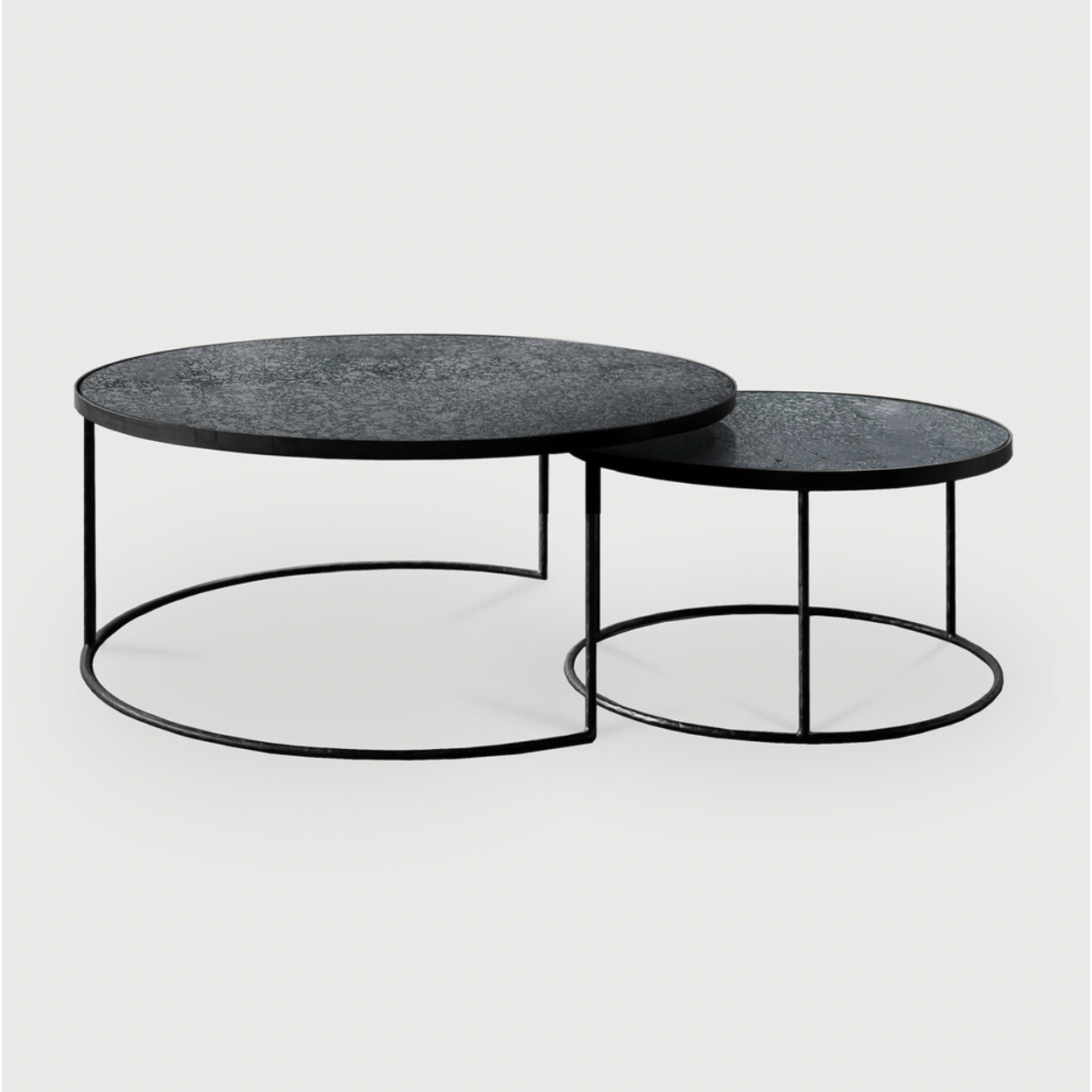 Featuring a heavy aged mirror surface, this Nesting Coffee Table Set - Charcoal brings a vintage look with a modern twist to any living room or lounge area.  Dimensions: 36.5"w x 36.5"d x 16.5"h  Weight: 58 lbs  Material: Mirror
