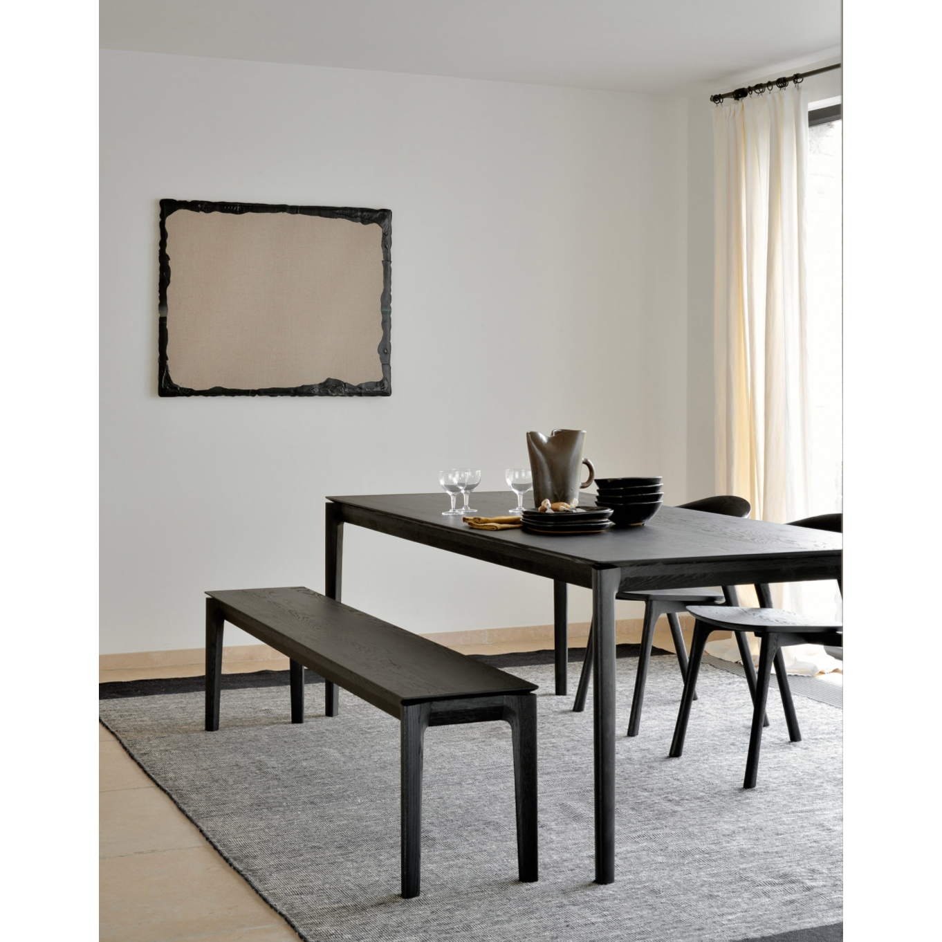 Featuring Oak Bok Bench - Black by Ethnicraft at Amethyst Home. This Oak Bok Bench - Black features an airy shape with rock-solid construction,  making this piece a timeless and remarkable design to enjoy for years to come. Pair with a dining table or stand-alone against a wall, hallway, or end of the bed! 
49.5" Dimensions: 50"w x 14"d x 18.5"h Weight.  Amethyst Home provides interior design, new home construction design consulting, vintage area rugs, and lighting in the Newport Beach metro area.