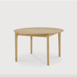 This Oak Bok Round Extendable Dining Table offers the perfect solution for adaptable dining within a smaller space. The iconic airy shape and solid construction make for a timeless design to enjoy for years to come.  Material: Oak, 100% Solid Wood Finish: Oiled