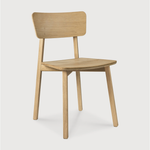 The Casale chair boasts straight lines that form a smooth, delicate shape and effortless design that makes this graceful chair perfect for almost any style dining room or kitchen!   Dimensions: 18"w x 20.5"d x 31.5"h  Weight: 13 lbs  Seat Height: 18"  Material: Oak, 100% solid wood Finish Options: Oiled or Varnished Select Varnished for extra protection. 