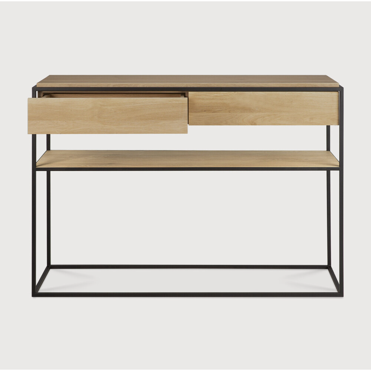Featuring Oak Monolit Console Table by Ethnicraft at Amethyst Home. Balance and function come together in the Monolit console table. This simple, sleek table includes storage and we LOVE hidden storage! Dress up your living room or office with a piece that is both functional and stylish!
Dimensions: 48.5"w x 16"d x 33.5"h Weight: 77 lbs
Material: Oak, 100%.  Amethyst Home provides interior design, new home construction design consulting, vintage area rugs, and lighting in the Park City metro area.