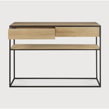 Balance and function come together in the Monolit console table. This simple, sleek table includes storage and we LOVE hidden storage! Dress up your living room or office with a piece that is both functional and stylish!  Dimensions: 48.5"w x 16"d x 33.5"h  Weight: 77 lbs  Material: Oak, 100% solid wood Finish: Oiled