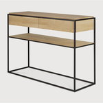 Balance and function come together in the Monolit console table. This simple, sleek table includes storage and we LOVE hidden storage! Dress up your living room or office with a piece that is both functional and stylish!  Dimensions: 48.5"w x 16"d x 33.5"h  Weight: 77 lbs  Material: Oak, 100% solid wood Finish: Oiled