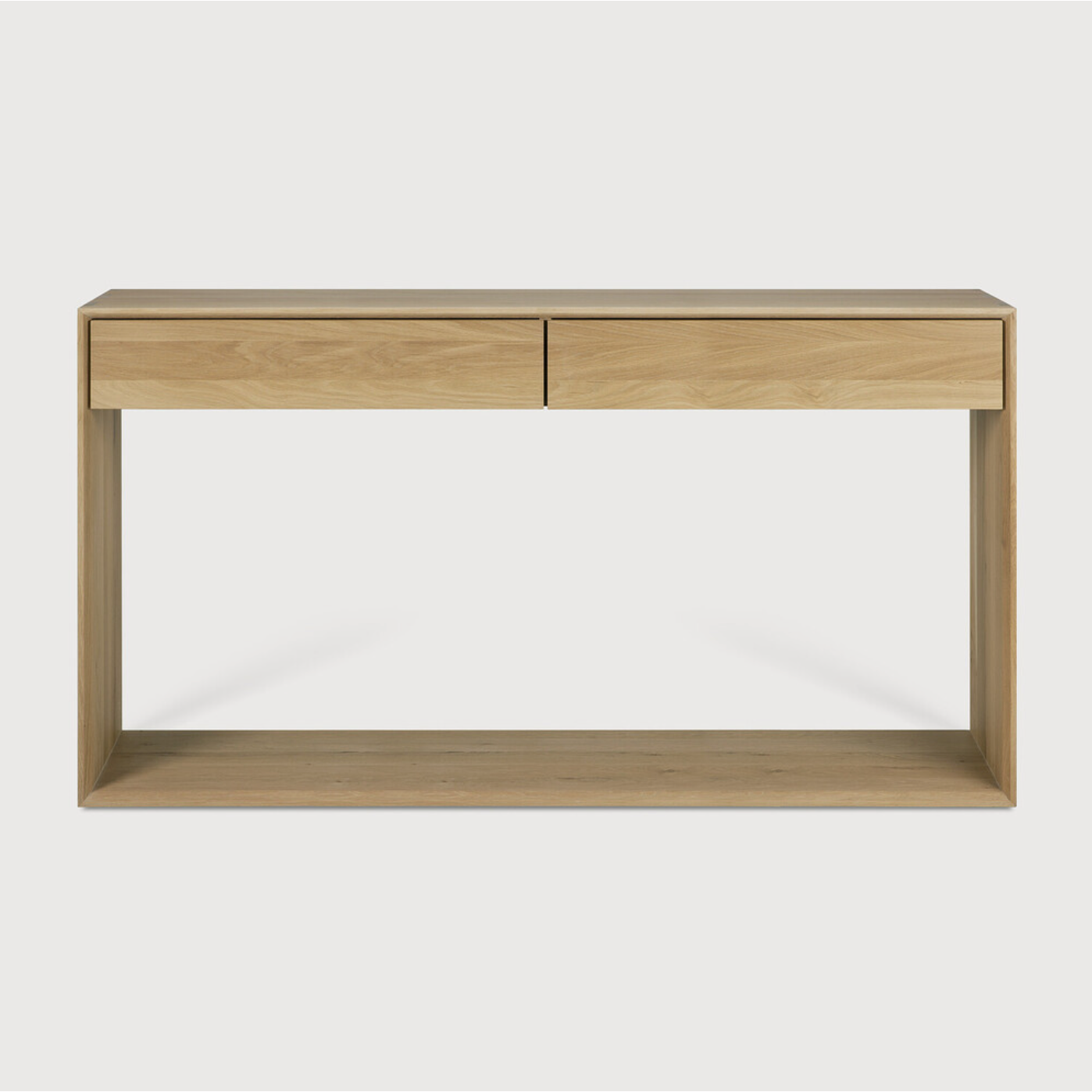 This Oak Nordic Console combines refined design with the purity of solid wood. We love that the bevelled edges will add an upscale aesthetic to any entry hall or living room space.  Dimensions: 47.5"w x 16"d x 33.5"h  Weight: 84 lbs  Dimensions: 63"w x 16"d x 33.5"h  Weight: 108 lbs  Material: Oak, 100% solid wood Finish: Oiled