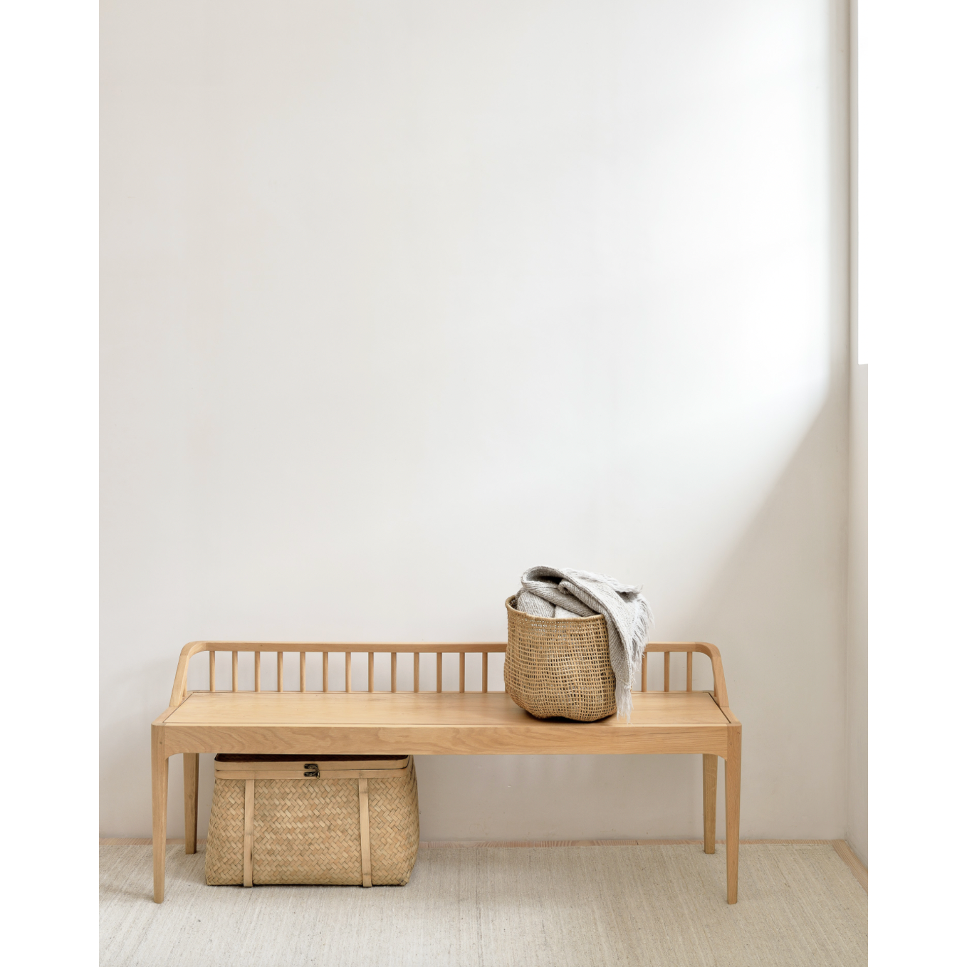 Featuring Oak Spindle Bench by Ethnicraft at Amethyst Home. Wherever you choose to place it, this Oak Spindle Bench in solid oak is a striking piece. We'd love to see this styled with an Amethyst Pillow in your entryway, bedroom, or other space! * For safety reason, we advise to use the extra leg provided in case of daily use or heavy support.
Dimensions: 59.5.  Amethyst Home provides interior design, new home construction design consulting, vintage area rugs, and lighting in the Miami metro area.