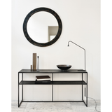 The deep surface of the Pentagon console is shaped by hand by skilled artisans. Natural mineral powders and color pigments blend to form the console's unique finish. We love how this piece's simple lines showcase the clean beauty of well-crafted metal work. We imagine this unique piece in your entry hall or behind your sofa where the two shelves offer so much space to display the items you love!  Dimensions: 59.5"w x 16"d x 30"h  Weight: 78 lbs  Material: Minerals Finish: Varnished 