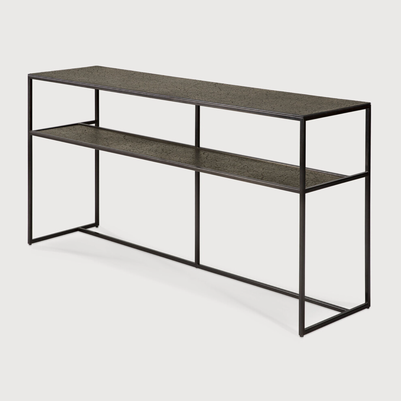 The deep surface of the Pentagon console is shaped by hand by skilled artisans. Natural mineral powders and color pigments blend to form the console's unique finish. We love how this piece's simple lines showcase the clean beauty of well-crafted metal work. We imagine this unique piece in your entry hall or behind your sofa where the two shelves offer so much space to display the items you love!  Dimensions: 59.5"w x 16"d x 30"h  Weight: 78 lbs  Material: Minerals Finish: Varnished 