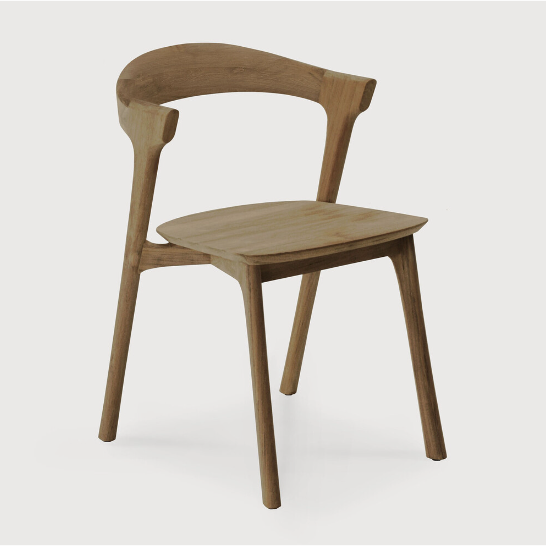 This Teak Bok Dining Chair features an airy shape with rock-solid construction,  making this piece a timeless and remarkable design to enjoy for years to come. Pair with a dining table or stand-alone against a wall, hallway, or end of the bed! Designed by Alain can Havre  Dimensions: 20"w x 21.5"d x 30"h  Weight: 12 lbs  Seat Height: 18"  Material: Oak, 100% solid wood Finish: Varnished