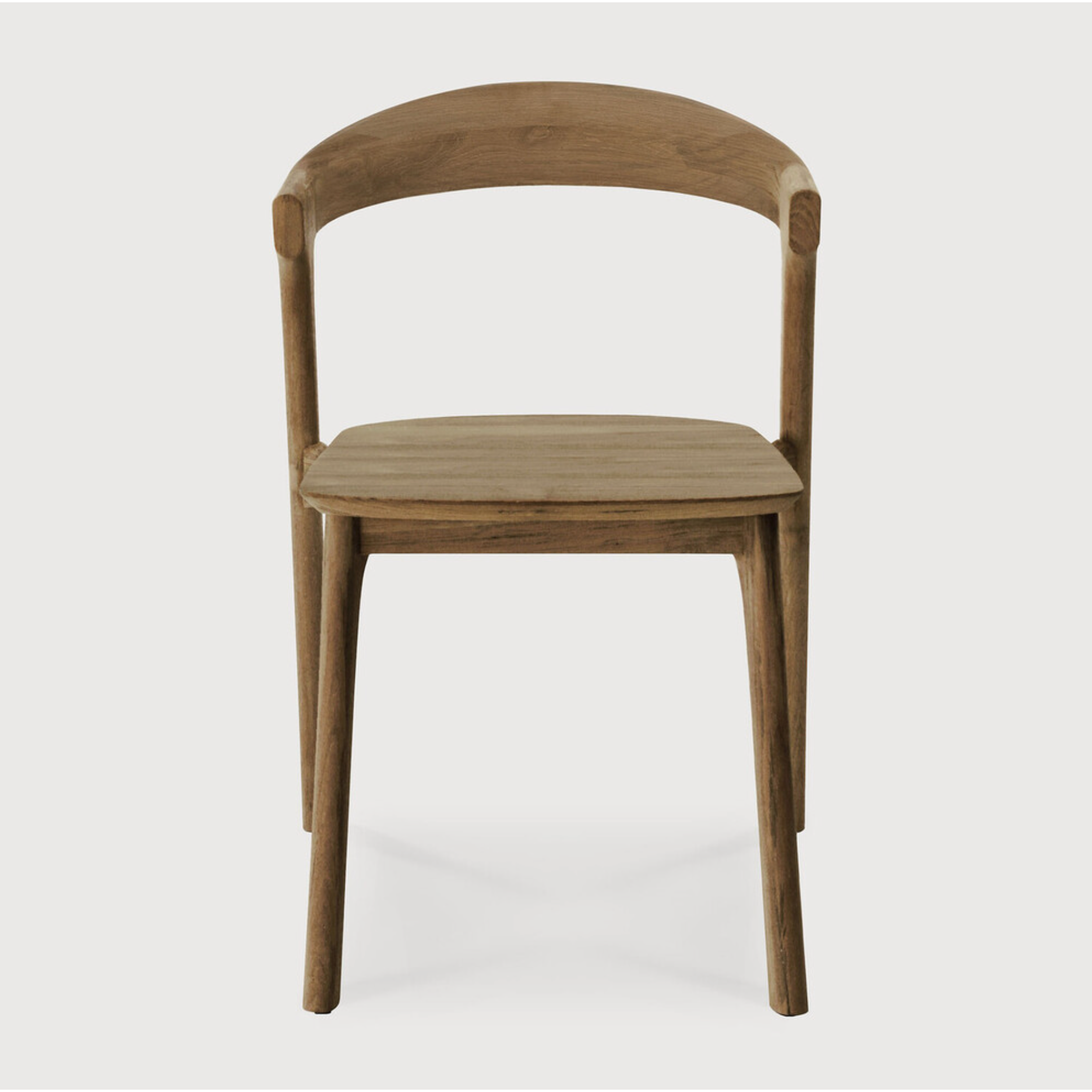 This Teak Bok Dining Chair features an airy shape with rock-solid construction,  making this piece a timeless and remarkable design to enjoy for years to come. Pair with a dining table or stand-alone against a wall, hallway, or end of the bed! Designed by Alain can Havre  Dimensions: 20"w x 21.5"d x 30"h  Weight: 12 lbs  Seat Height: 18"  Material: Oak, 100% solid wood Finish: Varnished