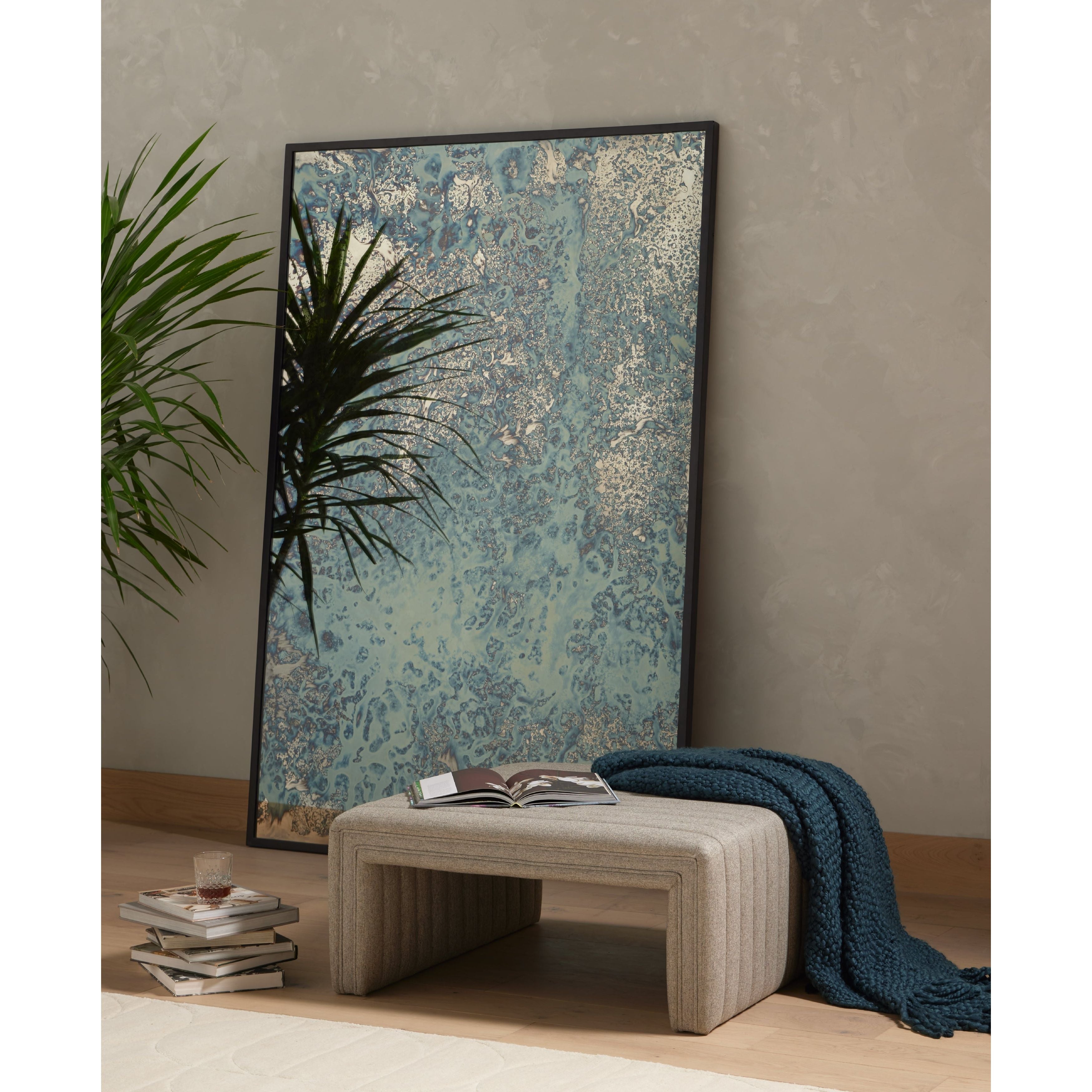 We love the artistic reflection of this Acid Wash Floor Mirror - Iron Matte Black. Black-finished iron forms a clean, rectangular frame for acid-washed mirror with hand-painted blue hues - your new favorite mirror for any room!  Overall Dimensions: 53.50"w x 1.50"d x 80.50"h