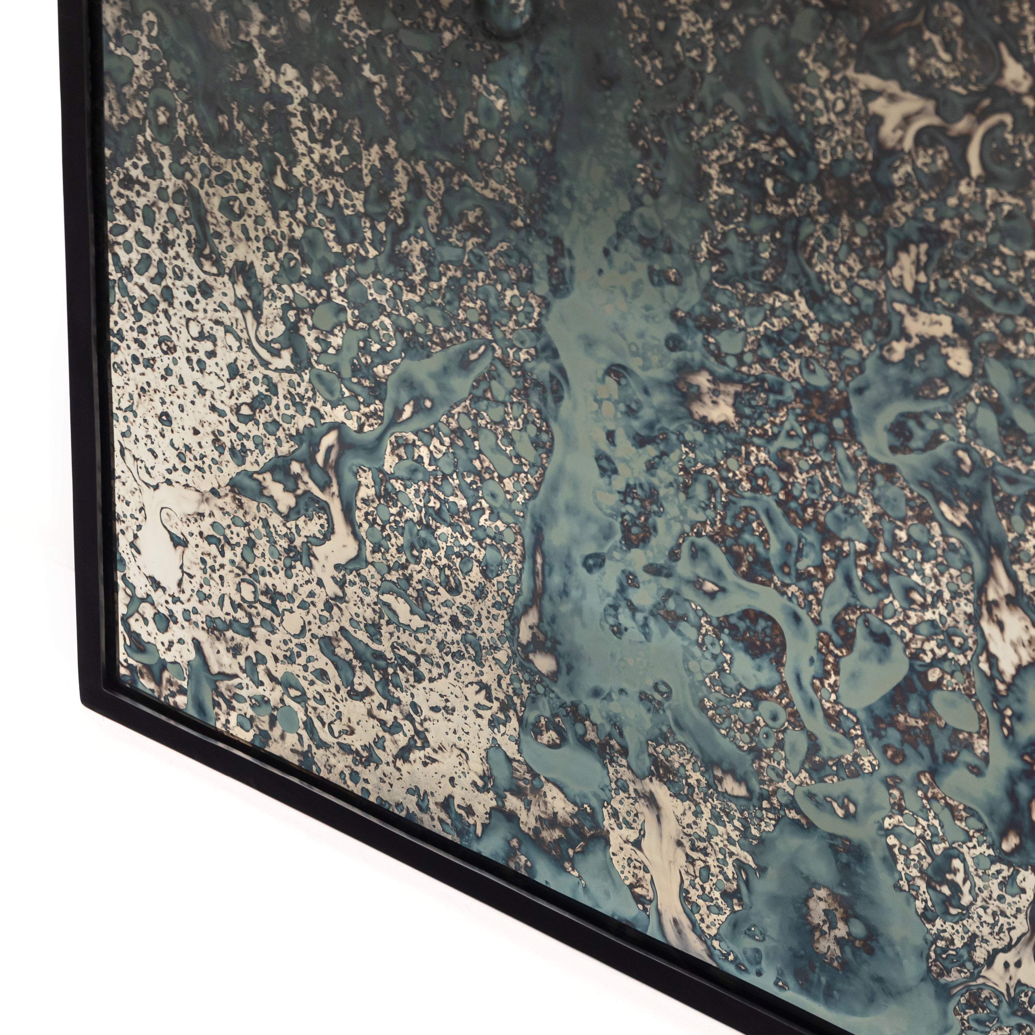 We love the artistic reflection of this Acid Wash Floor Mirror - Iron Matte Black. Black-finished iron forms a clean, rectangular frame for acid-washed mirror with hand-painted blue hues - your new favorite mirror for any room!  Overall Dimensions: 53.50"w x 1.50"d x 80.50"h