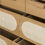 Featuring Allegra 8 Drawer Dresser - Natural Cane by Four Hands at Amethyst Home. This Allegra 8 Drawer Dresser - Natural Cane is made of a gorgeous, honey-finished oak. With eight spacious drawers and wood-backed cane paneling, the soft, neutral look brings to life to any bedroom. 
Overall Dimensions: 61"W x 18"L x 33"H
Colors: Honey Oak Veneer, Light Na.  Amethyst Home provides interior design, new home construction design consulting, vintage area rugs, and lighting in the Alpharetta metro area.