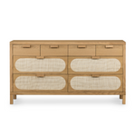 Featuring Allegra 8 Drawer Dresser - Natural Cane by Four Hands at Amethyst Home. This Allegra 8 Drawer Dresser - Natural Cane is made of a gorgeous, honey-finished oak. With eight spacious drawers and wood-backed cane paneling, the soft, neutral look brings to life to any bedroom. 
Overall Dimensions: 61"W x 18"L x 33"H
Colors: Honey Oak Veneer, Light Natura.  Amethyst Home provides interior design, new home construction design consulting, vintage area rugs, and lighting in the Boston metro area.