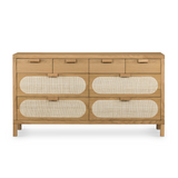 Featuring Allegra 8 Drawer Dresser - Natural Cane by Four Hands at Amethyst Home. This Allegra 8 Drawer Dresser - Natural Cane is made of a gorgeous, honey-finished oak. With eight spacious drawers and wood-backed cane paneling, the soft, neutral look brings to life to any bedroom. 
Overall Dimensions: 61"W x 18"L x 33"H
Colors: Honey Oak Veneer, Light Natura.  Amethyst Home provides interior design, new home construction design consulting, vintage area rugs, and lighting in the Boston metro area.