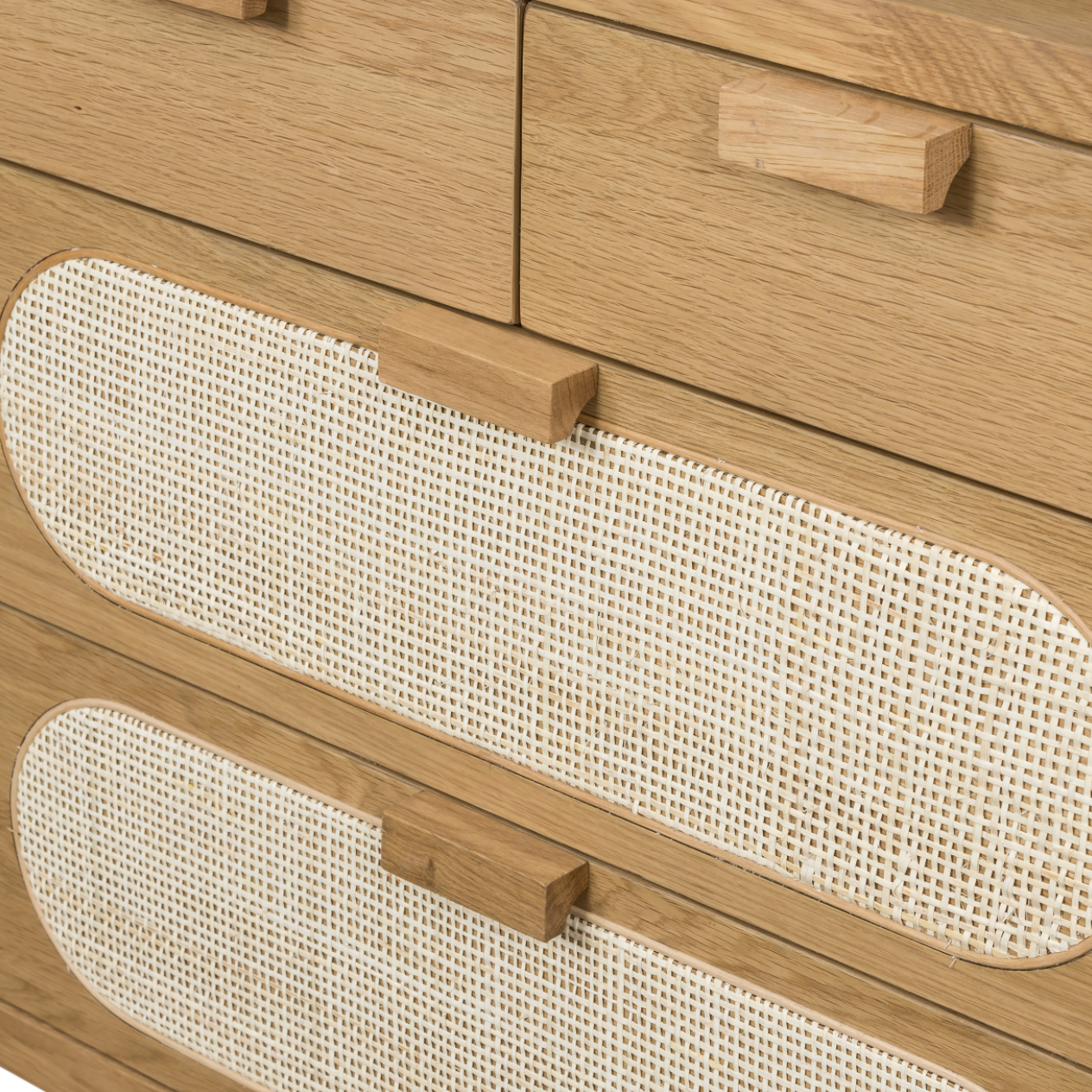 This Allegra 8 Drawer Dresser - Natural Cane is made of a gorgeous, honey-finished oak. With eight spacious drawers and wood-backed cane paneling, the soft, neutral look brings to life to any bedroom.   Overall Dimensions: 61.00"w x 18.00"d x 33.00"h