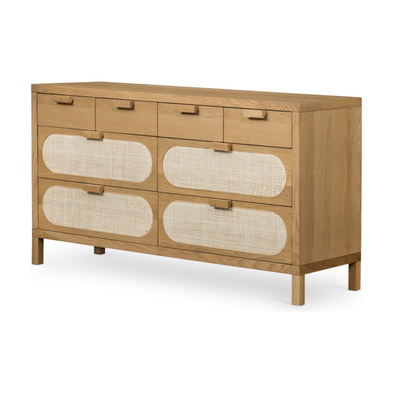 This Allegra 8 Drawer Dresser - Natural Cane is made of a gorgeous, honey-finished oak. With eight spacious drawers and wood-backed cane paneling, the soft, neutral look brings to life to any bedroom.   Overall Dimensions: 61.00"w x 18.00"d x 33.00"h