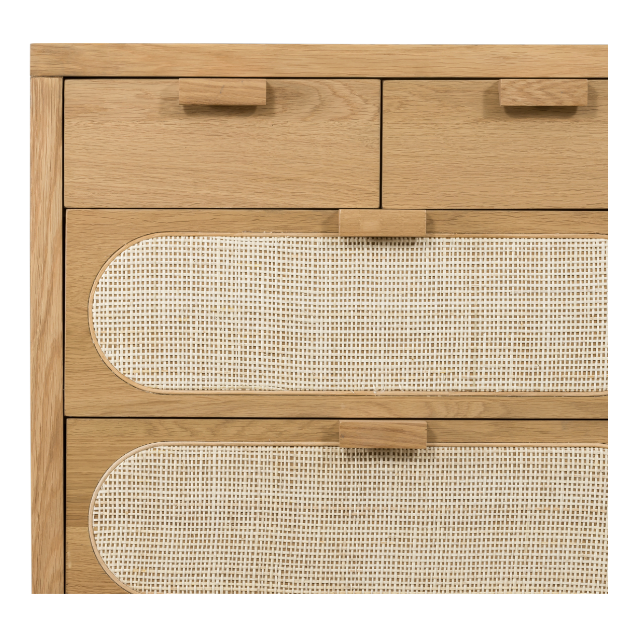 This Allegra 8 Drawer Dresser - Natural Cane is made of a gorgeous, honey-finished oak. With eight spacious drawers and wood-backed cane paneling, the soft, neutral look brings to life to any bedroom.   Overall Dimensions: 61.00"w x 18.00"d x 33.00"h