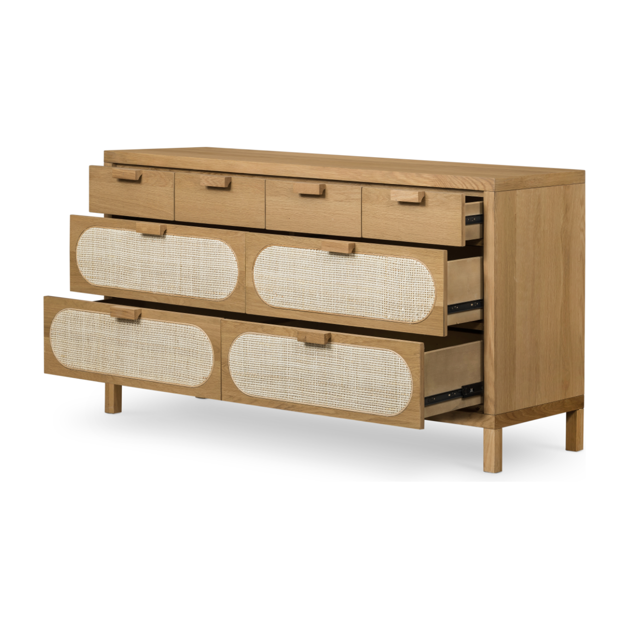 This Allegra 8 Drawer Dresser - Natural Cane is made of a gorgeous, honey-finished oak. With eight spacious drawers and wood-backed cane paneling, the soft, neutral look brings to life to any bedroom.   Overall Dimensions: 61.00"w x 18.00"d x 33.00"h
