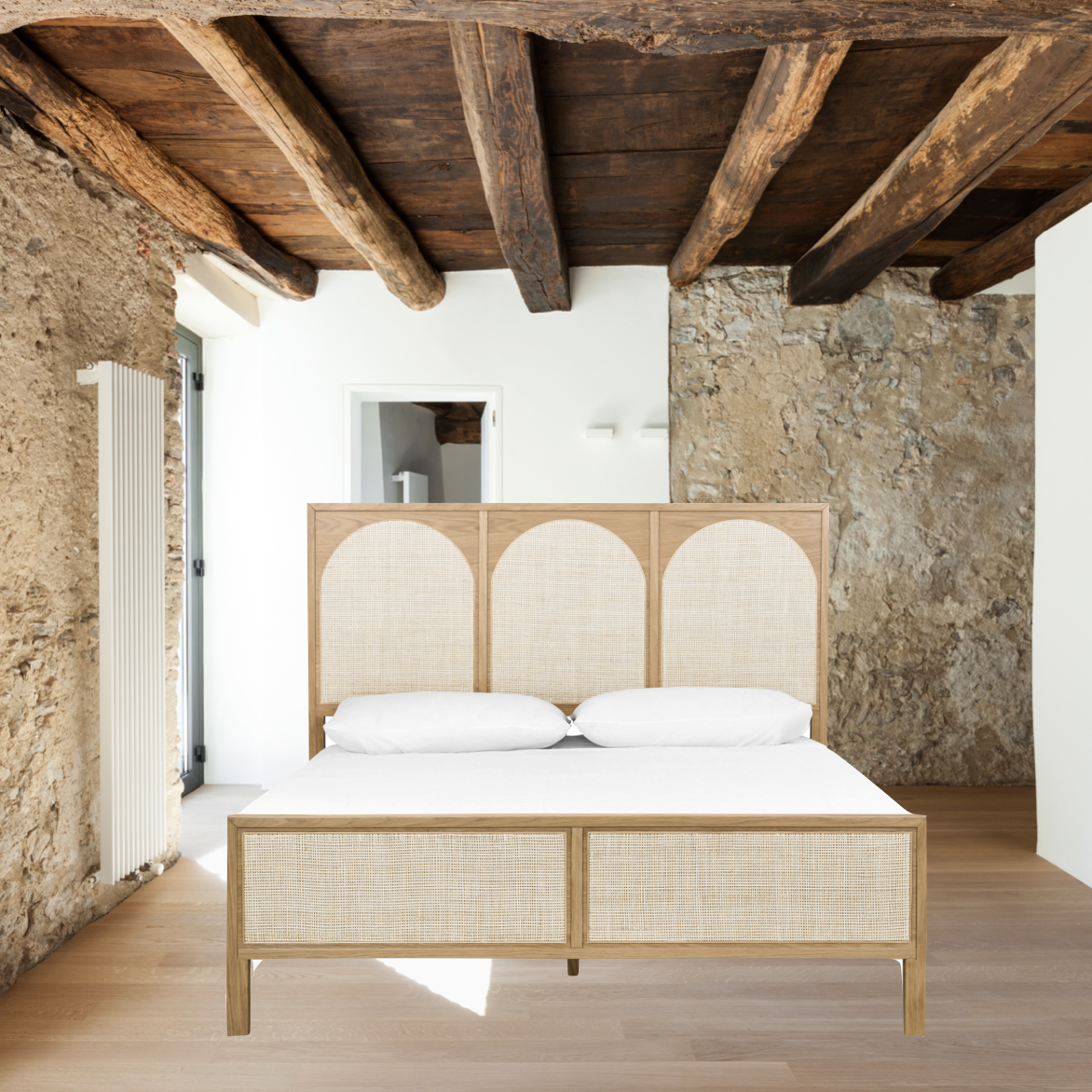 This light oak Allegra Bed frame features wood-backed cane arches and panel footboard detailing, for a soft, neutral look with lasting modernity. Pair with the Allegra Dresser to complete the whole look.   Queen Overall Dimensions: 63.00"w x 84.00"d x 48.00"h King Overall Dimensions: 79.00"w x 84.00"d x 48.00"h  Colors: Honey Oak Veneer, Honey Oak, Light Natural Cane Materials: Oak Veneer, Solid Oak, Cane