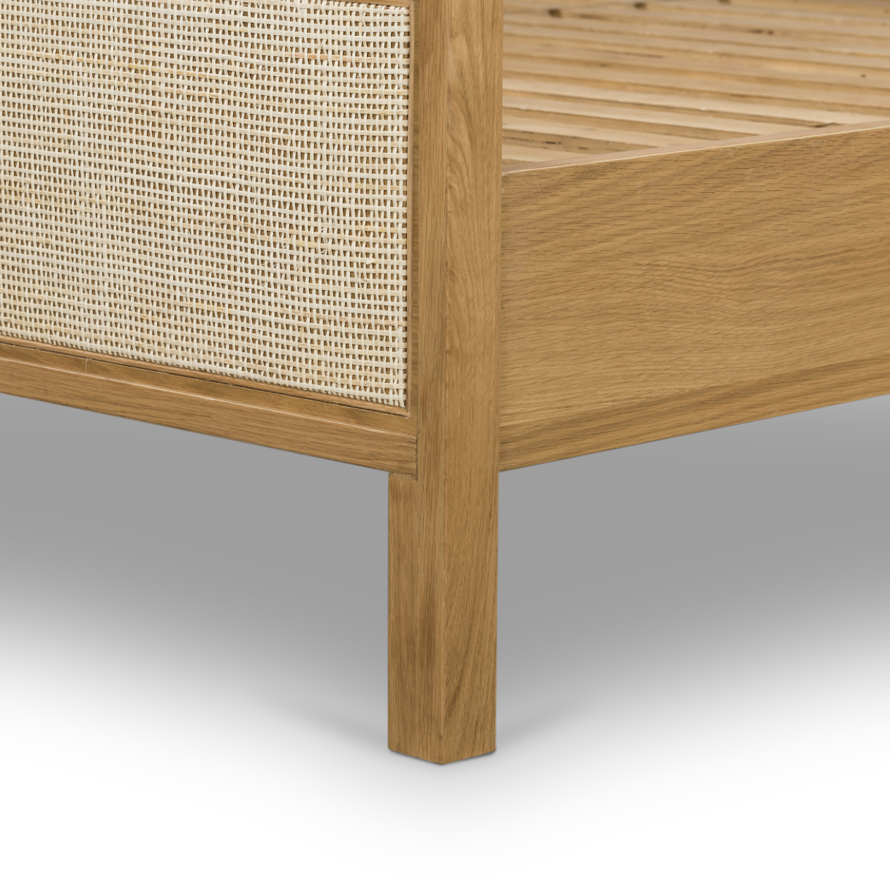 This light oak Allegra Bed frame features wood-backed cane arches and panel footboard detailing, for a soft, neutral look with lasting modernity. Pair with the Allegra Dresser to complete the whole look.   Queen Overall Dimensions: 63.00"w x 84.00"d x 48.00"h King Overall Dimensions: 79.00"w x 84.00"d x 48.00"h