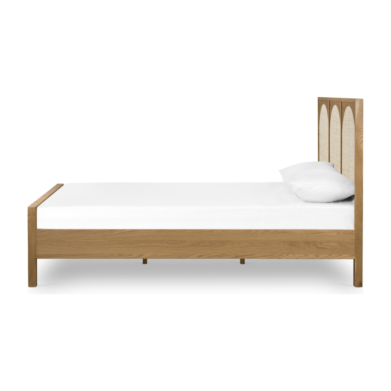 This light oak Allegra Bed frame features wood-backed cane arches and panel footboard detailing, for a soft, neutral look with lasting modernity. Pair with the Allegra Dresser to complete the whole look.   Queen Overall Dimensions: 63.00"w x 84.00"d x 48.00"h King Overall Dimensions: 79.00"w x 84.00"d x 48.00"h