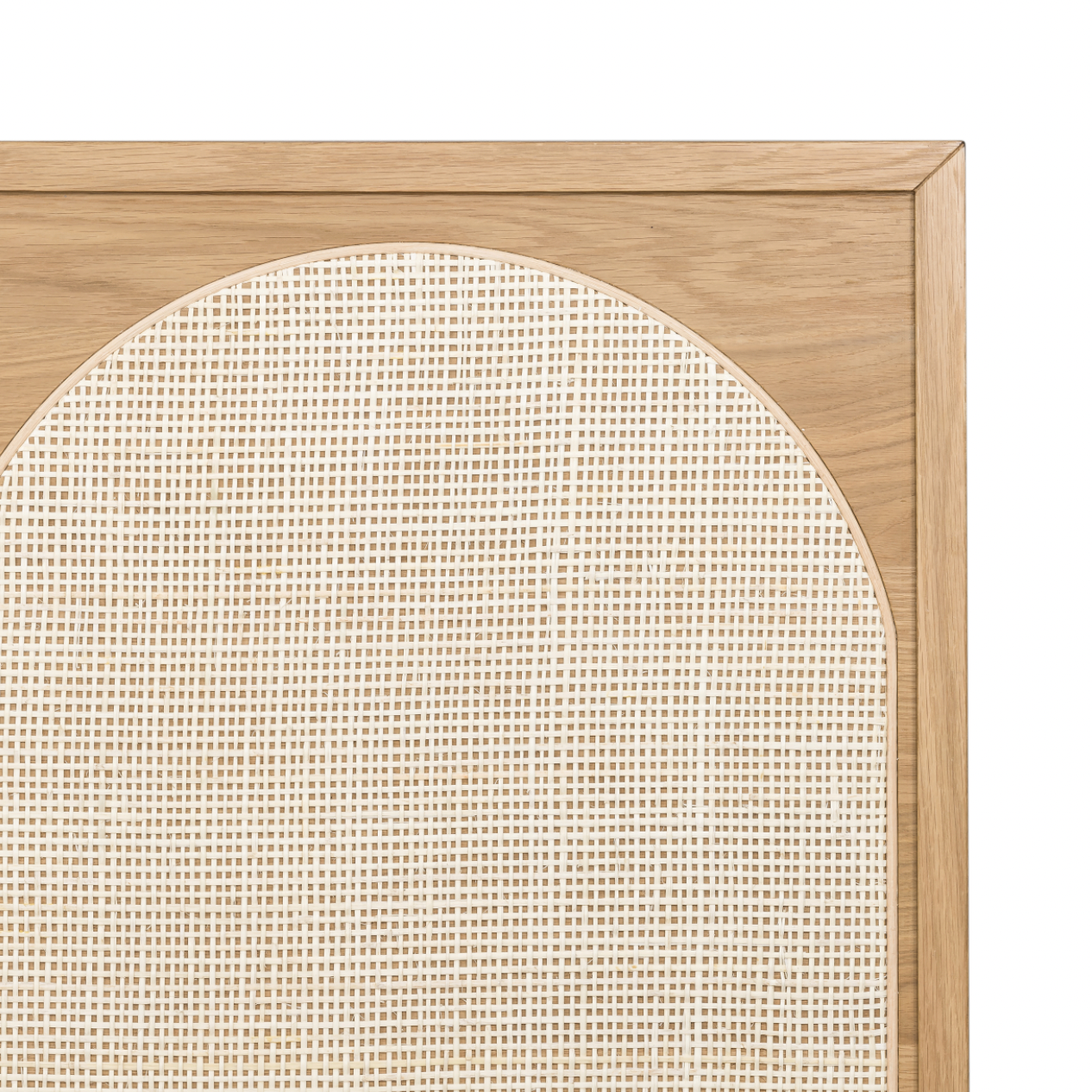 This light oak Allegra Bed frame features wood-backed cane arches and panel footboard detailing, for a soft, neutral look with lasting modernity. Pair with the Allegra Dresser to complete the whole look.   Queen Overall Dimensions: 63.00"w x 84.00"d x 48.00"h King Overall Dimensions: 79.00"w x 84.00"d x 48.00"h