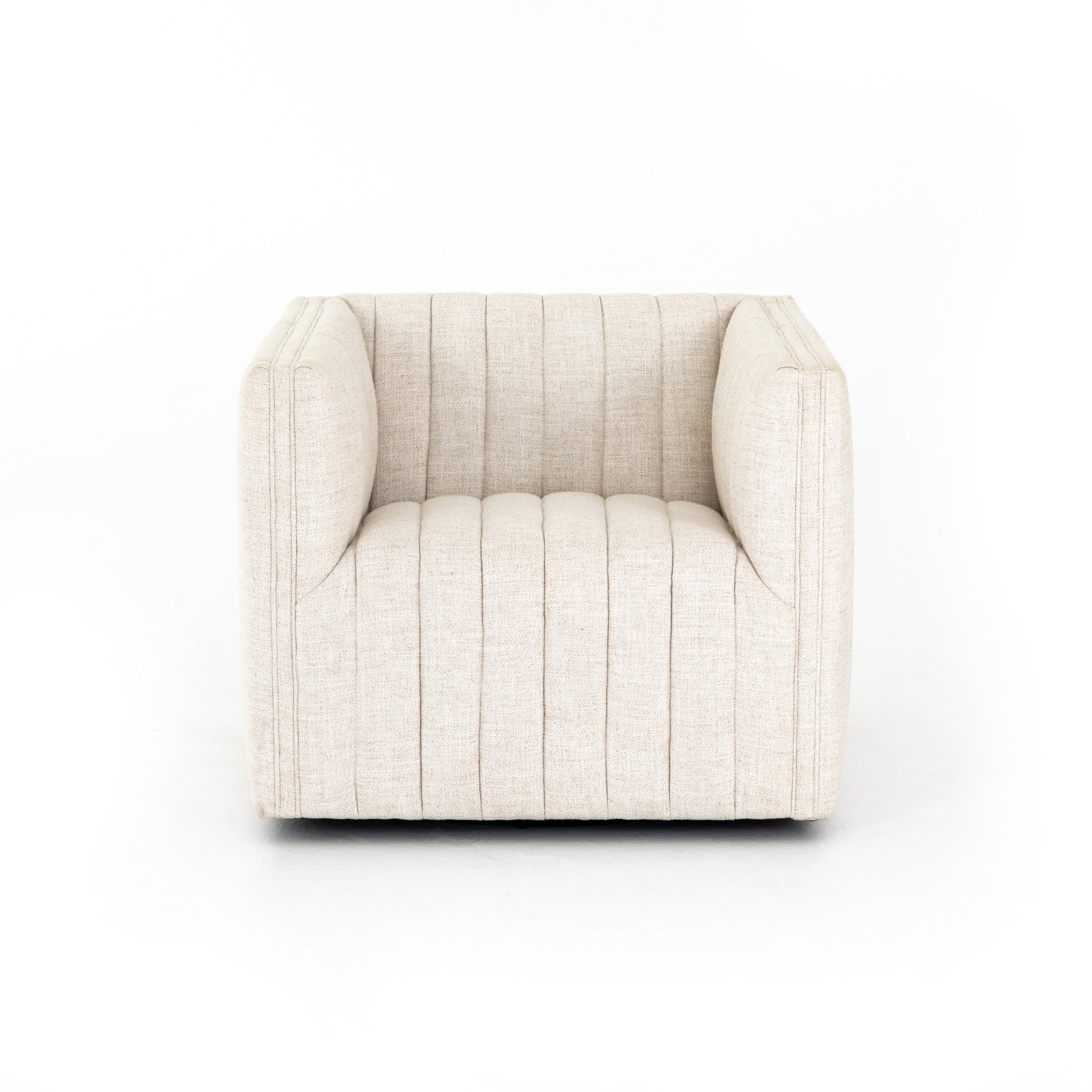 You will love the dramatic channeling of this Augustine Cream Swivel Chair. The swivel feature sets this apart from other chairs and is a great choice for any living room or media room. This chair is comfort wrapped in soft linen blend making this everyone's favorite chair.  Overall Dimensions: 32.00"w x 34.00"d x 26.50"h Seat Depth: 23" Seat Height: 17" Arm Height from Floor: 26.5" Arm Height from Seat: 9.5"  Colors: Dover Crescent Materials: Viscose / Poly / Linen Blend