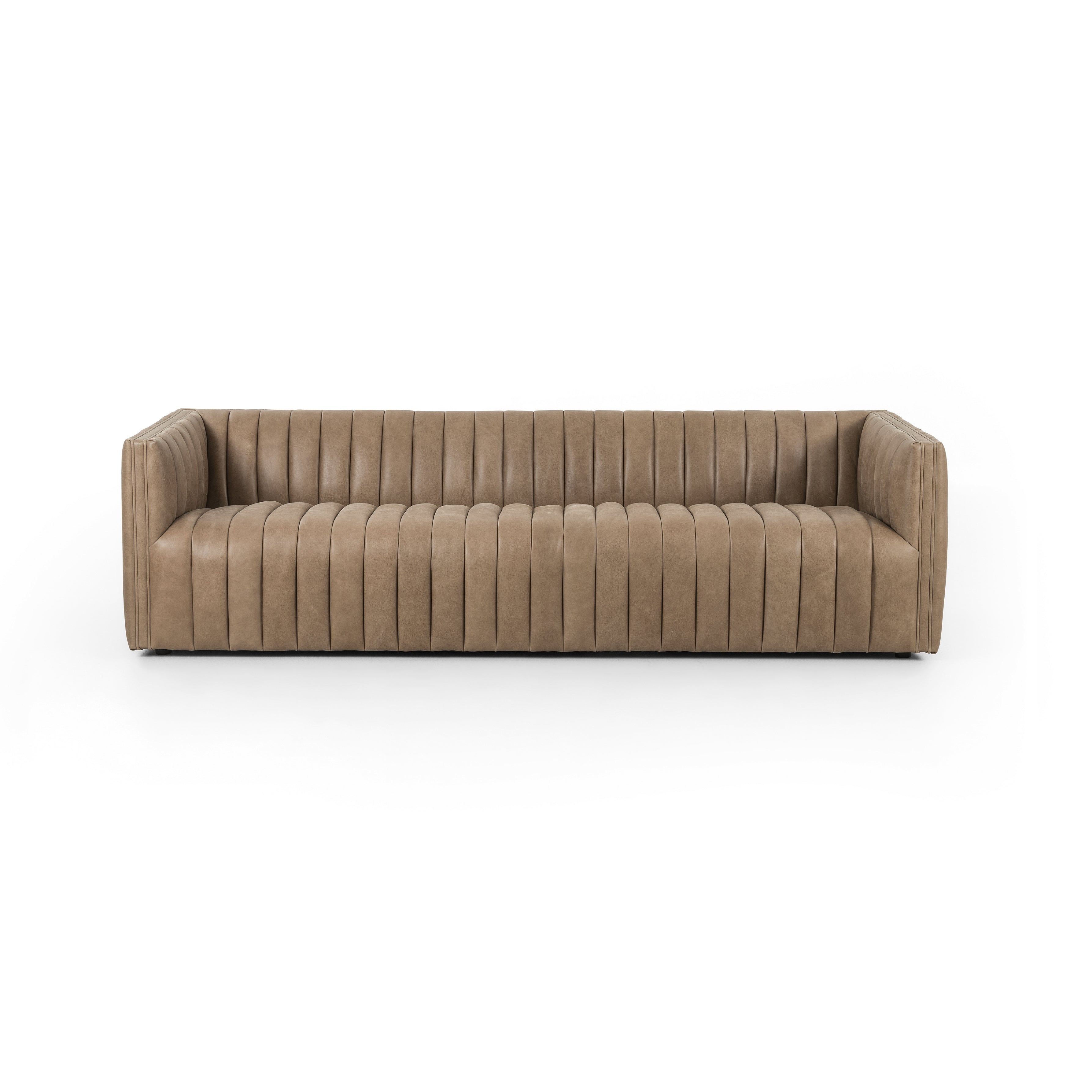 This Augustine 97" Sofa - Palermo Drift features dramatically channeled upholstered in taupe top-grain leather. We love the crisp, clean look and sumptuous sit this offers to a space!   Size: 97"w x 35"d x 26.5"h