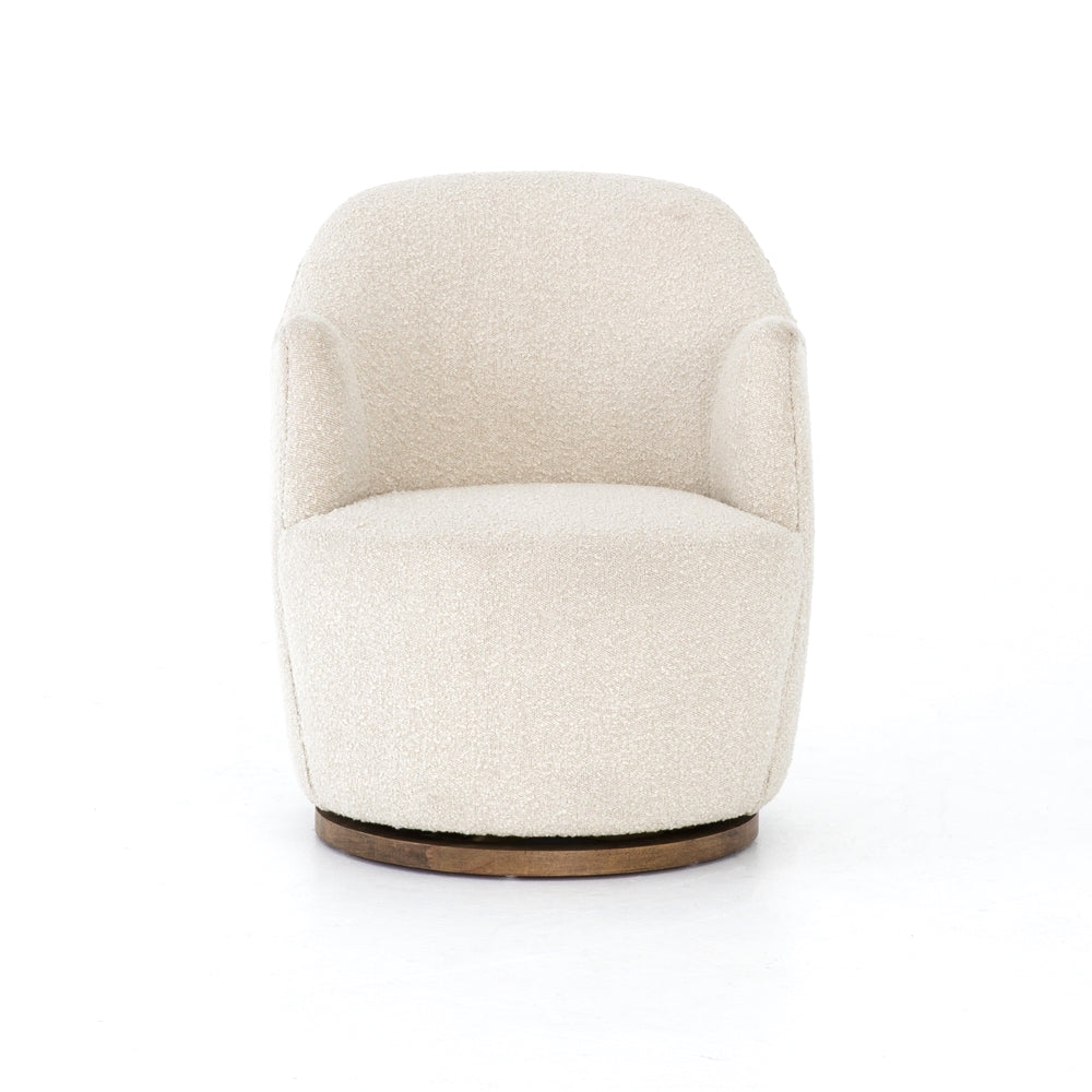 We love the drum-style seating of this Aurora Swivel - Knoll Natural. Upholstered in a soothing and textural off-white bouclé, this also features a swivel base - perfect for your office, living room, or other space!  Overall Dimensions: 26.00"w x 31.50"d x 31.00"h