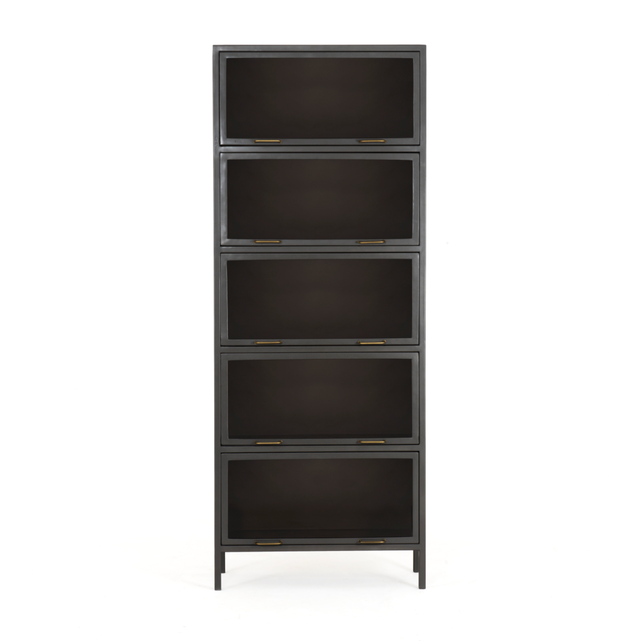 Inspired by the stackable barrister-style shelving, iron casing is finished in a gunmetal for a fresh industrial look, with smoked glass panes with flat brass hardware cover door fronts, each lifting to spacious compartments for storage of books and treasures.  Overall Dimensions: 32.00"w x 15.00"d x 82.00"h  Colors: Smoked Glass, Flat Brass, Gunmetal Materials: Glass, Iron