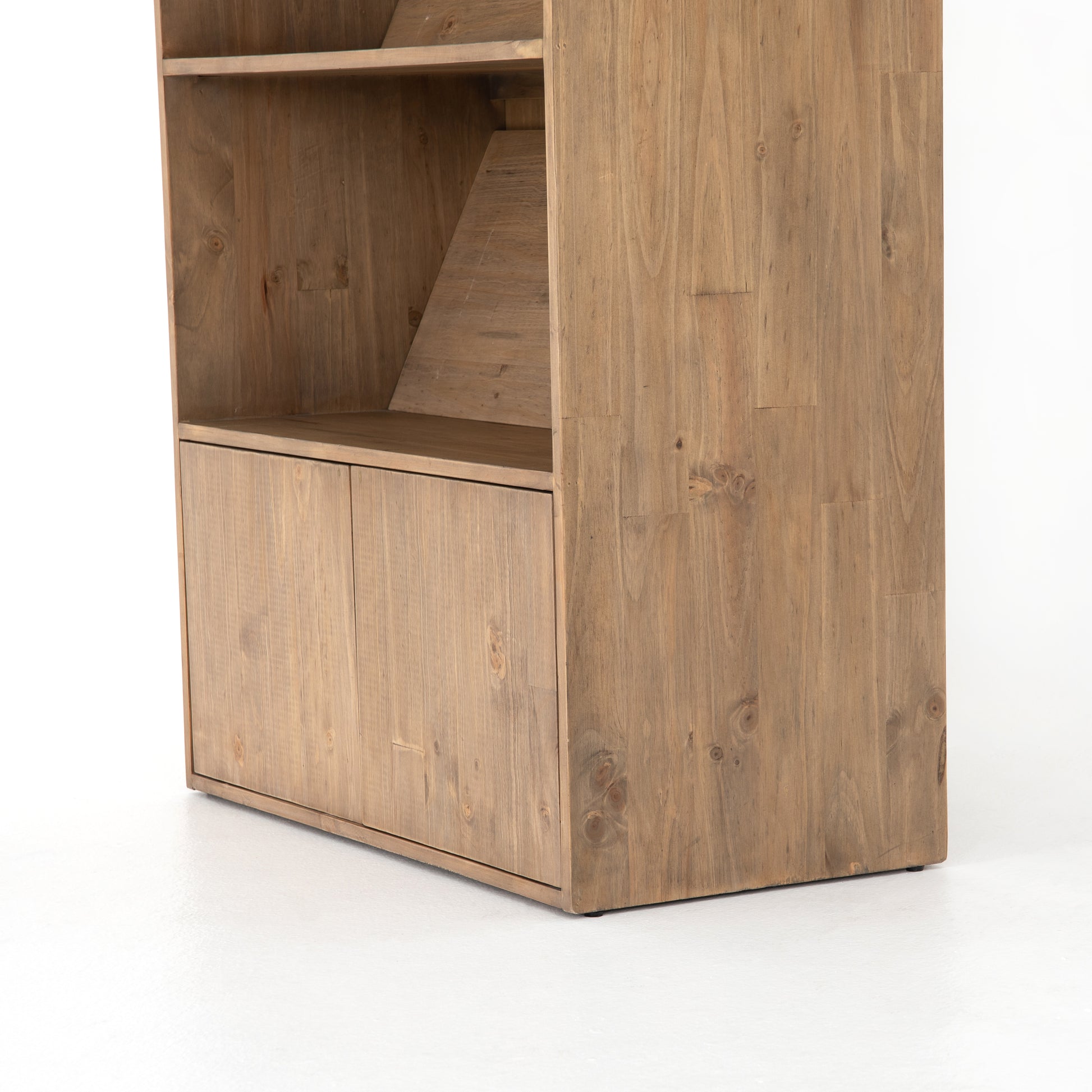 Five roomy shelves are ready to store favorite books and treasures, with smoked solid pine suited for any space. Removable ledges slant at an angle on each shelf, for even-better display of art and coffee table-size books, plus an optional slide ladder (for decorative use only) to complete the look.  Overall Dimensions: 35.50"w x 17.50"d x 98"h Colors: Smoked Pine, Black Iron Materials: Solid Pine, Iron