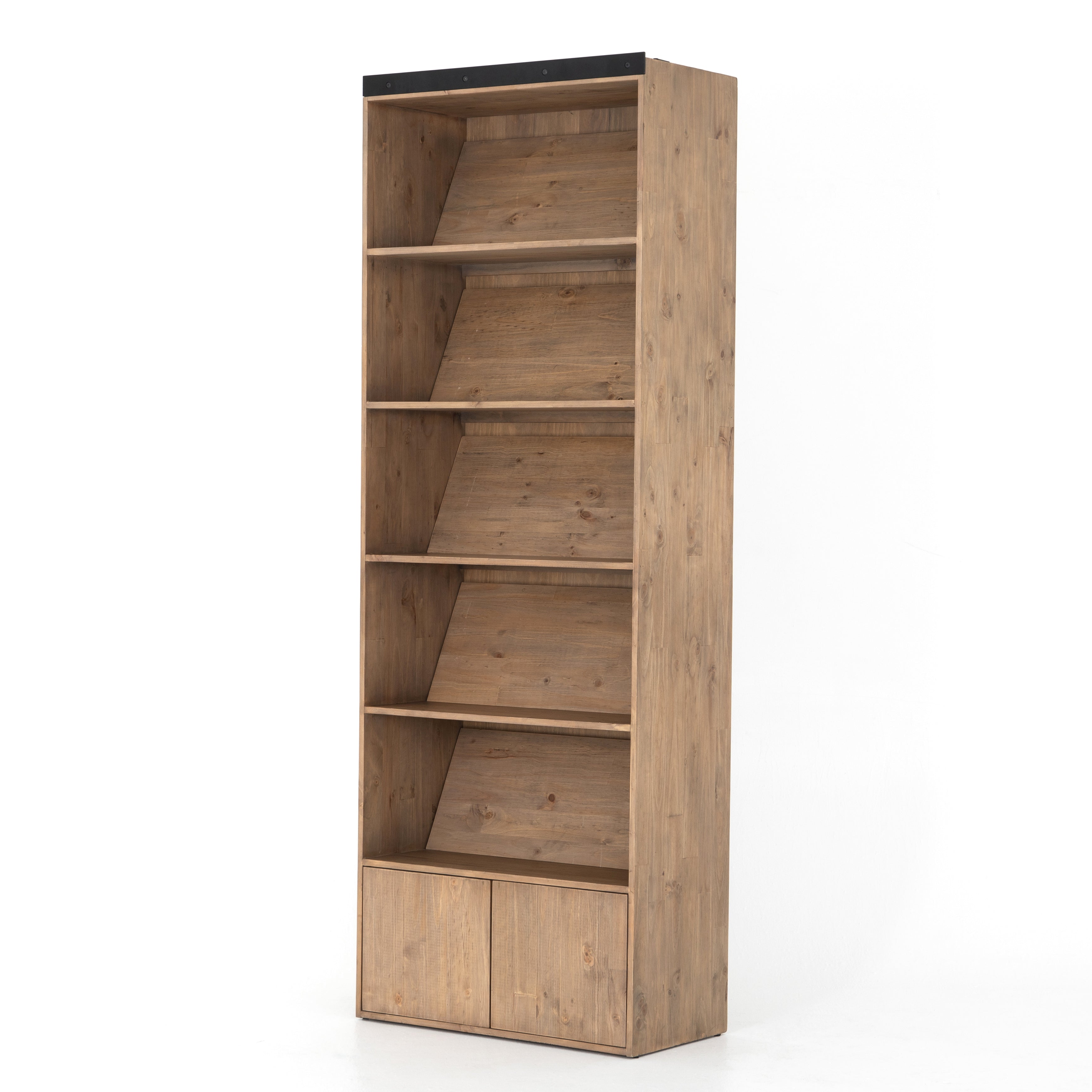 Five roomy shelves are ready to store favorite books and treasures, with smoked solid pine suited for any space. Removable ledges slant at an angle on each shelf, for even-better display of art and coffee table-size books, plus an optional slide ladder (for decorative use only) to complete the look.  Overall Dimensions: 35.50"w x 17.50"d x 98"h Colors: Smoked Pine, Black Iron Materials: Solid Pine, Iron