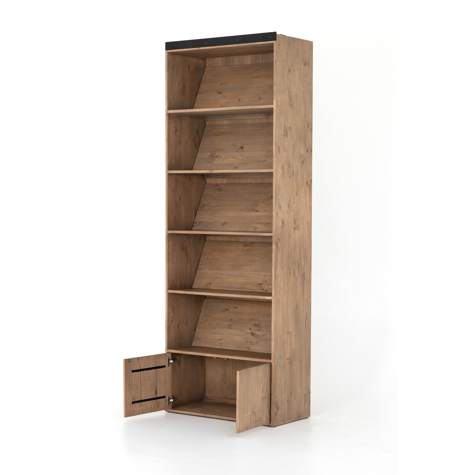 Five roomy shelves are ready to store favorite books and treasures, with smoked solid pine suited for any space. Removable ledges slant at an angle on each shelf, for even-better display of art and coffee table-size books, plus an optional slide ladder (for decorative use only) to complete the look.  Overall Dimensions: 35.50"w x 17.50"d x 98"h Colors: Smoked Pine, Black Iron Materials: Solid Pine, Iron