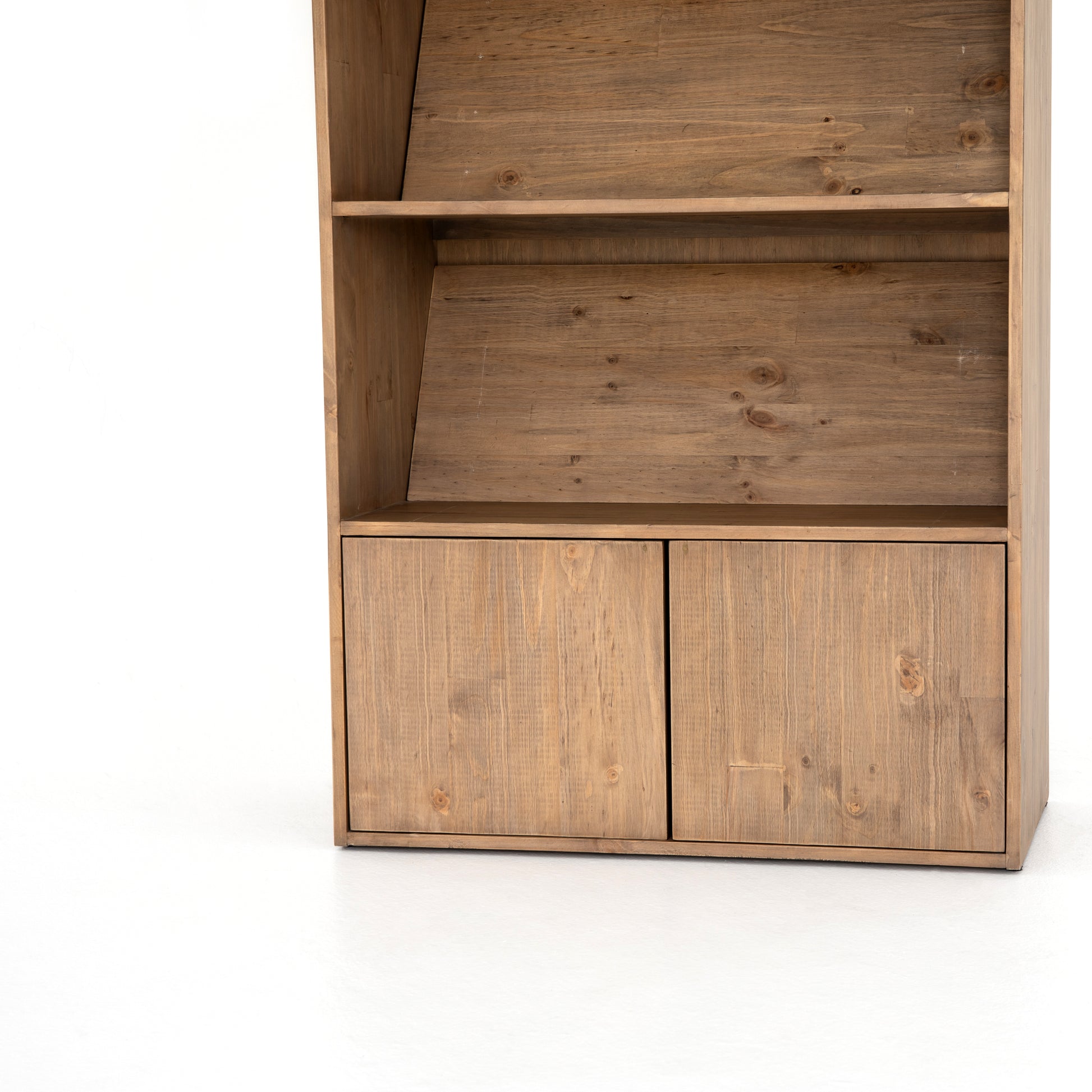 Five roomy shelves are ready to store favorite books and treasures, with smoked solid pine suited for any space. Removable ledges slant at an angle on each shelf, for even-better display of art and coffee table-size books, plus an optional slide ladder (for decorative use only) to complete the look.  Overall Dimensions: 35.50"w x 17.50"d x 98"h Colors: Smoked Pine, Black Iron Materials: Solid Pine, Iron
