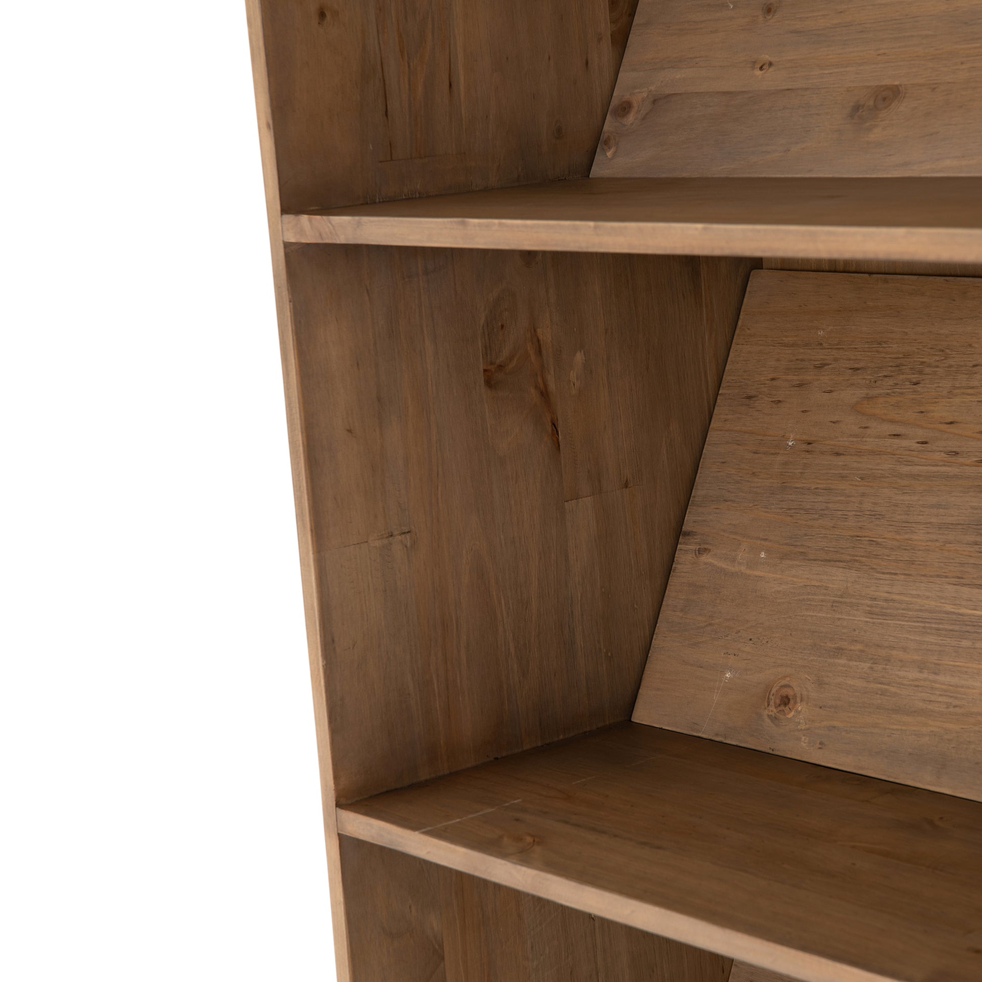 Five roomy shelves are ready to store favorite books and treasures, with smoked solid pine suited for any space. Removable ledges slant at an angle on each shelf, for even-better display of art and coffee table-size books, plus an optional slide ladder (for decorative use only) to complete the look.  Overall Dimensions: 35.50"w x 17.50"d x 98"h Colors: Smoked Pine, Black Iron Materials: Solid Pine, Iron