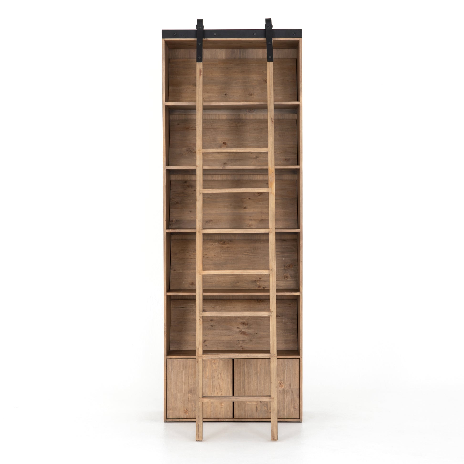 Five roomy shelves are ready to store favorite books and treasures, with smoked solid pine suited for any space. Removable ledges slant at an angle on each shelf, for even-better display of art and coffee table-size books, plus an optional slide ladder (for decorative use only) to complete the look.  Overall Dimensions: 35.50"w x 17.50"d x 98"h Colors: Smoked Pine, Black Iron Materials: Solid Pine, Iron