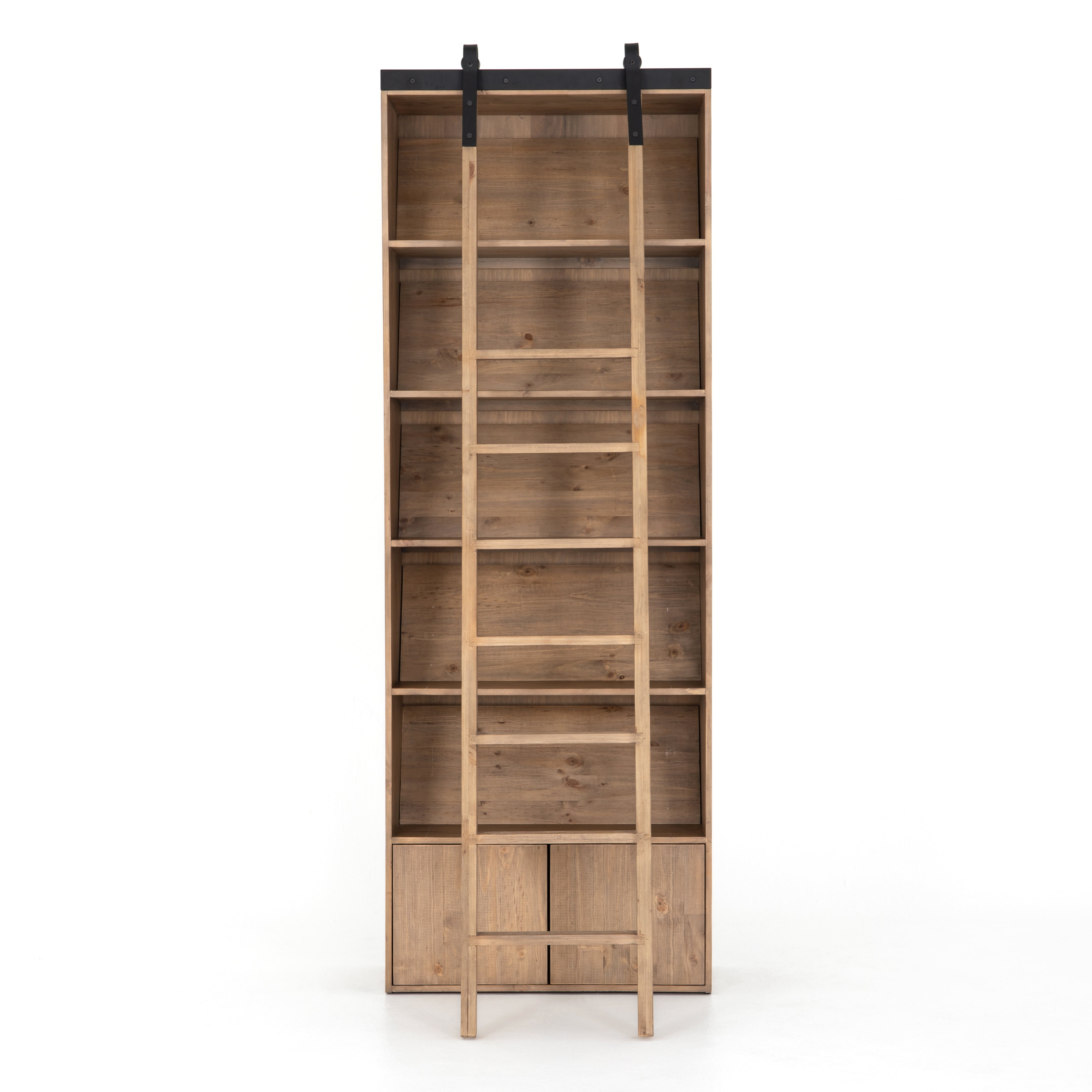 Five roomy shelves are ready to store favorite books and treasures, with smoked solid pine suited for any space. Removable ledges slant at an angle on each shelf, for even-better display of art and coffee table-size books, plus an optional slide ladder (for decorative use only) to complete the look.  Overall Dimensions: 35.50"w x 17.50"d x 98"h Colors: Smoked Pine, Black Iron Materials: Solid Pine, Iron