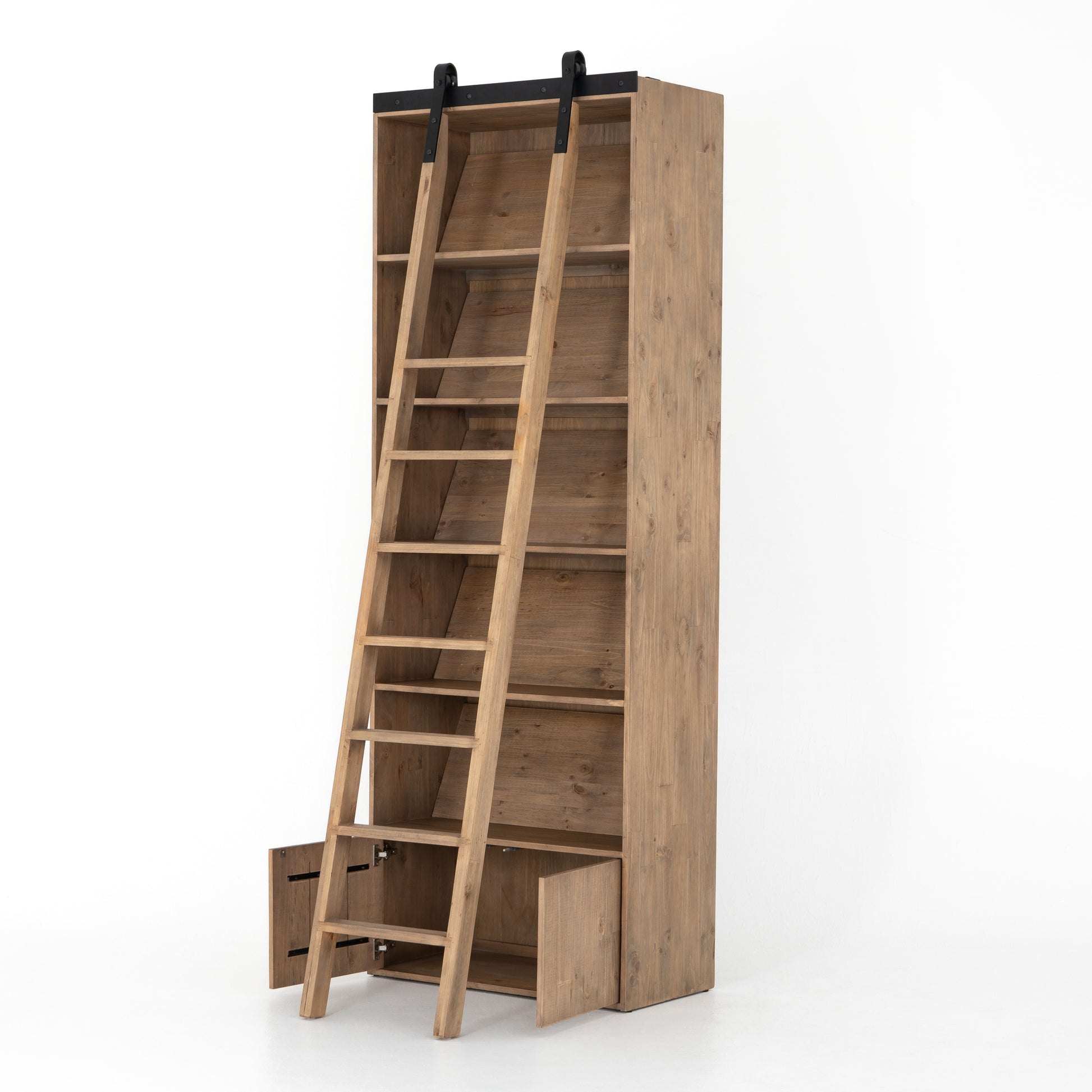 Five roomy shelves are ready to store favorite books and treasures, with smoked solid pine suited for any space. Removable ledges slant at an angle on each shelf, for even-better display of art and coffee table-size books, plus an optional slide ladder (for decorative use only) to complete the look.  Overall Dimensions: 35.50"w x 17.50"d x 98"h Colors: Smoked Pine, Black Iron Materials: Solid Pine, Iron